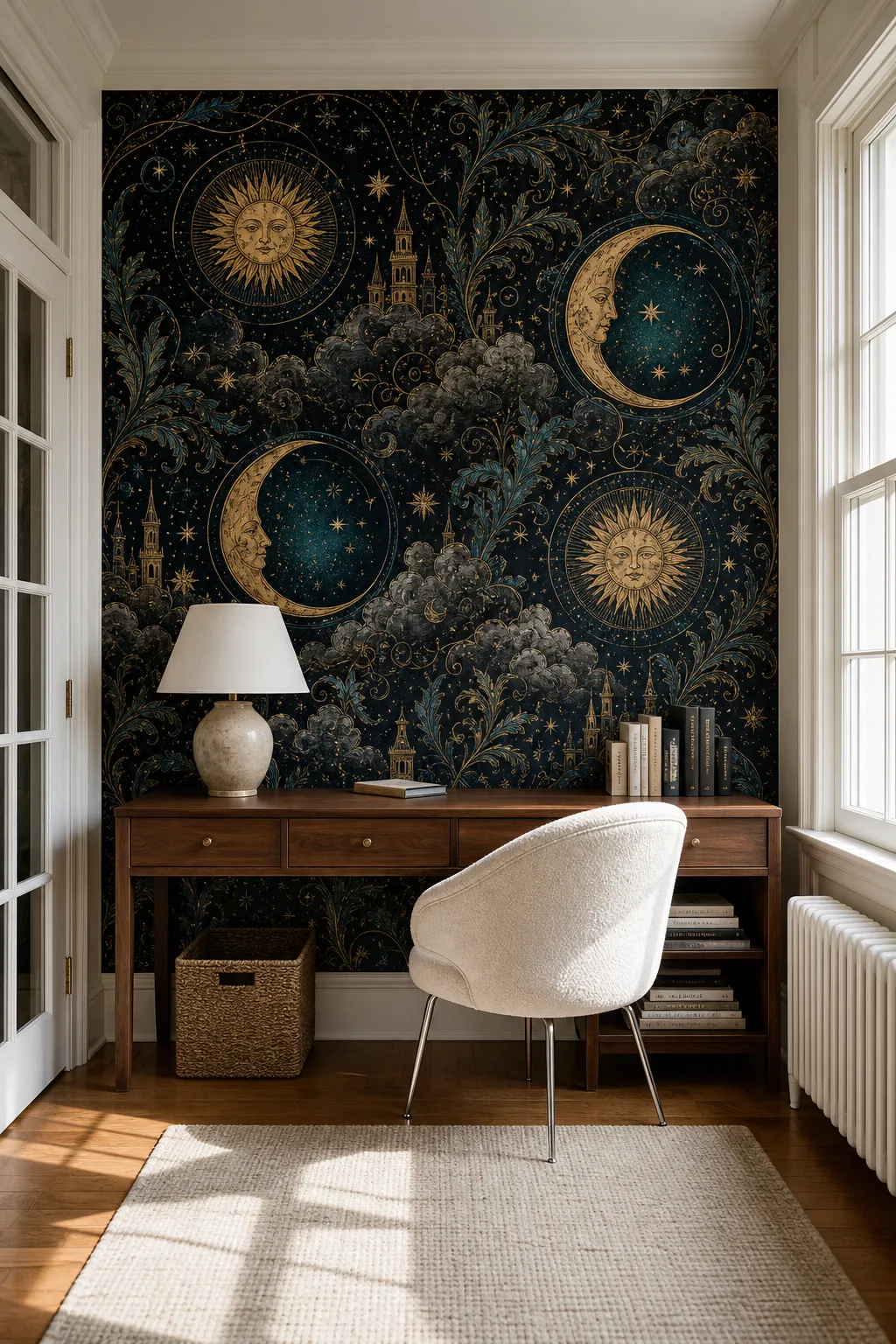 Home office with an ornate celestial mural behind a dark wood desk