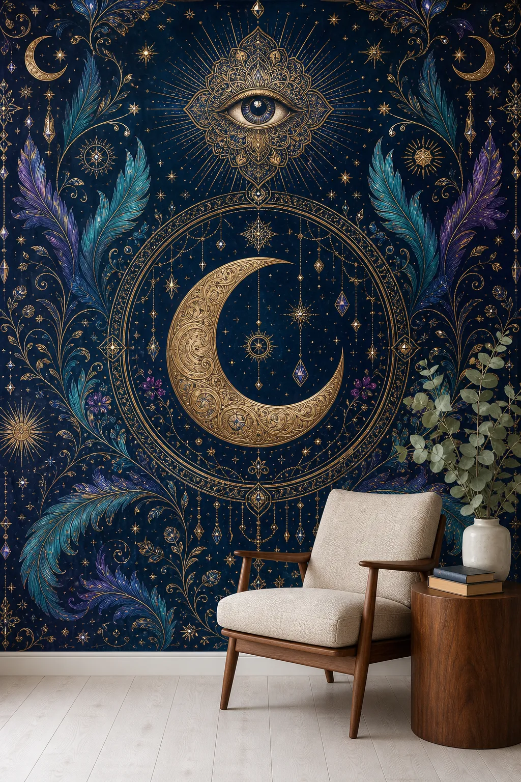Dreamy reading corner accented with ornate moons, stars, and decorative trim
