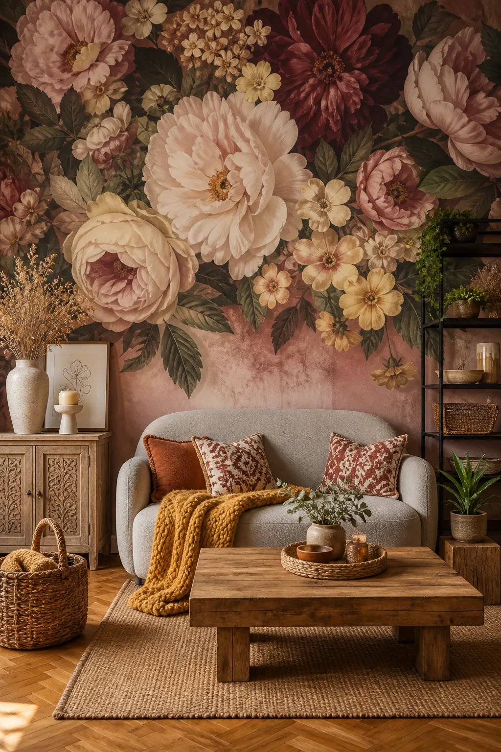 Boho living room styled with an oversized vintage pink floral mural