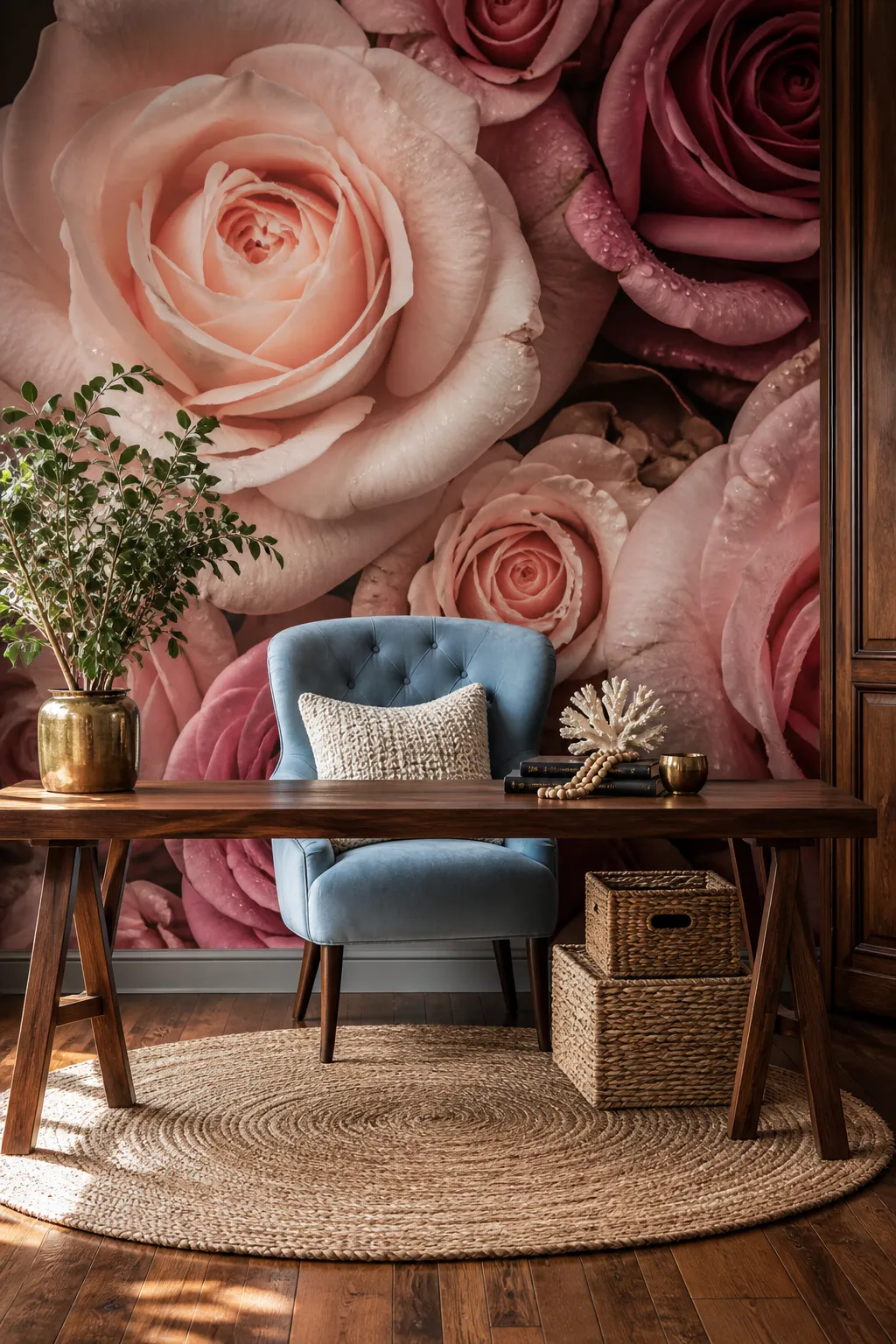 Stylish home office featuring one oversized pink rose mural behind the desk