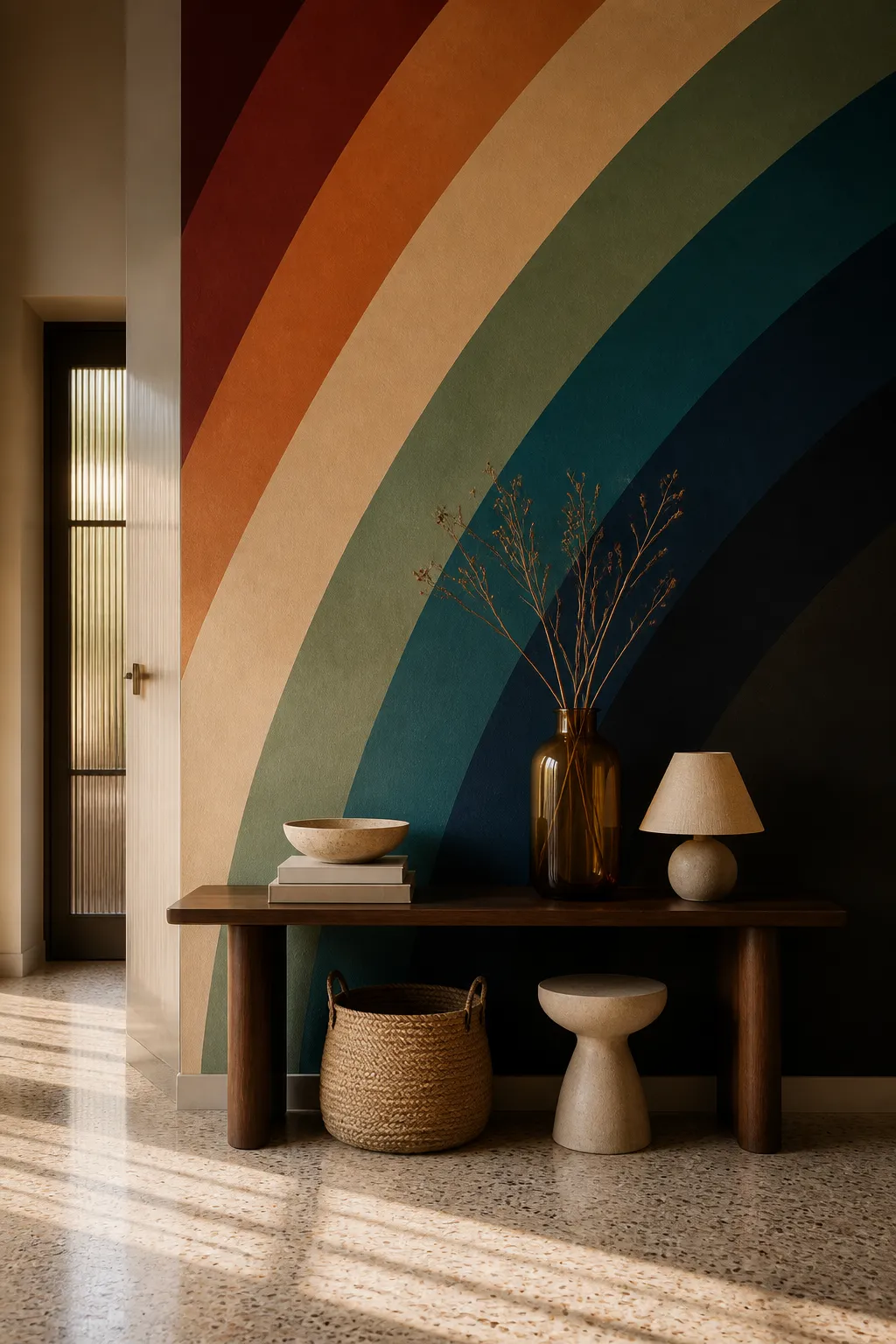 Entryway transformed by an oversized rainbow mural spanning the wall