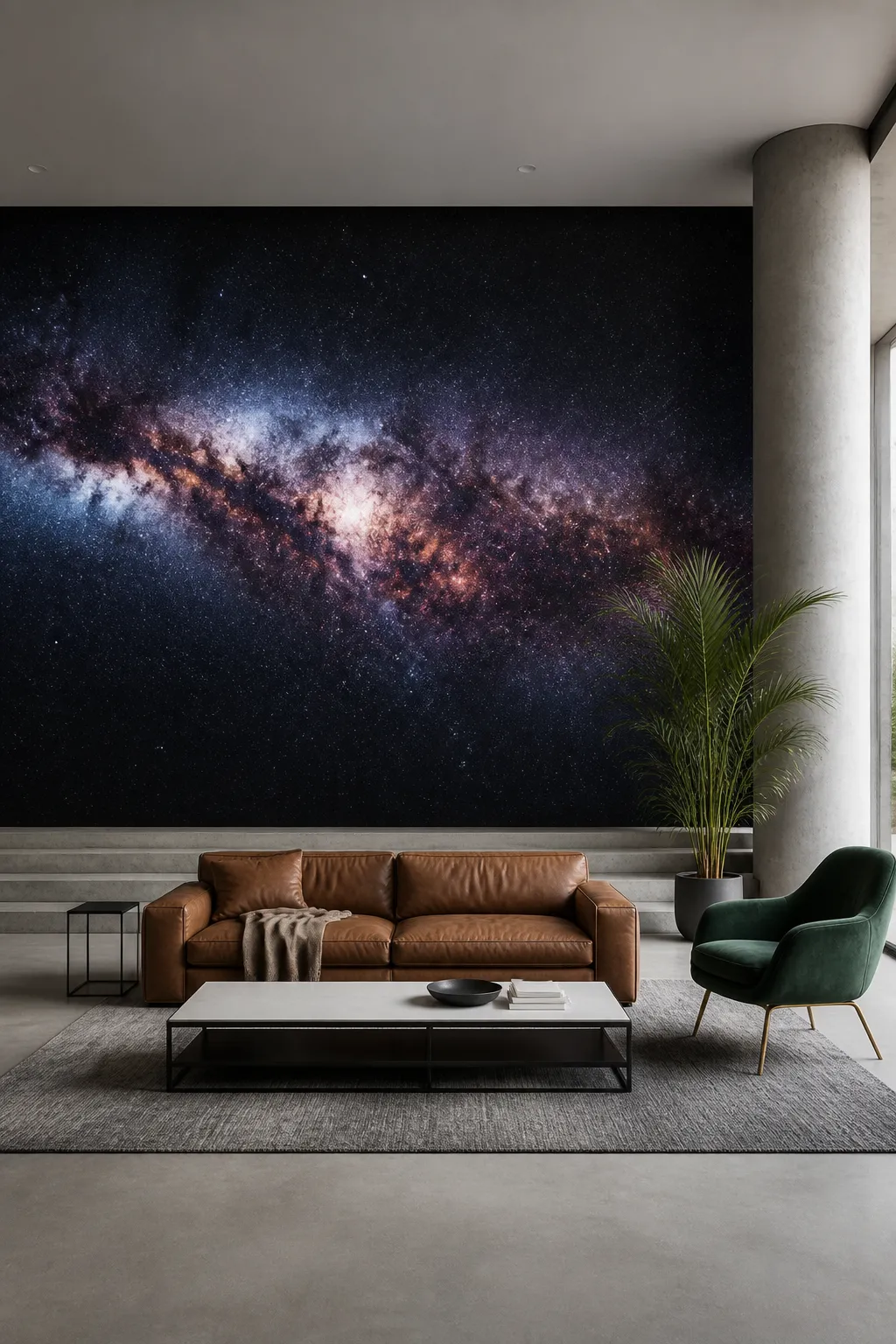 Modern living room with a panoramic galaxy mural spanning the main wall
