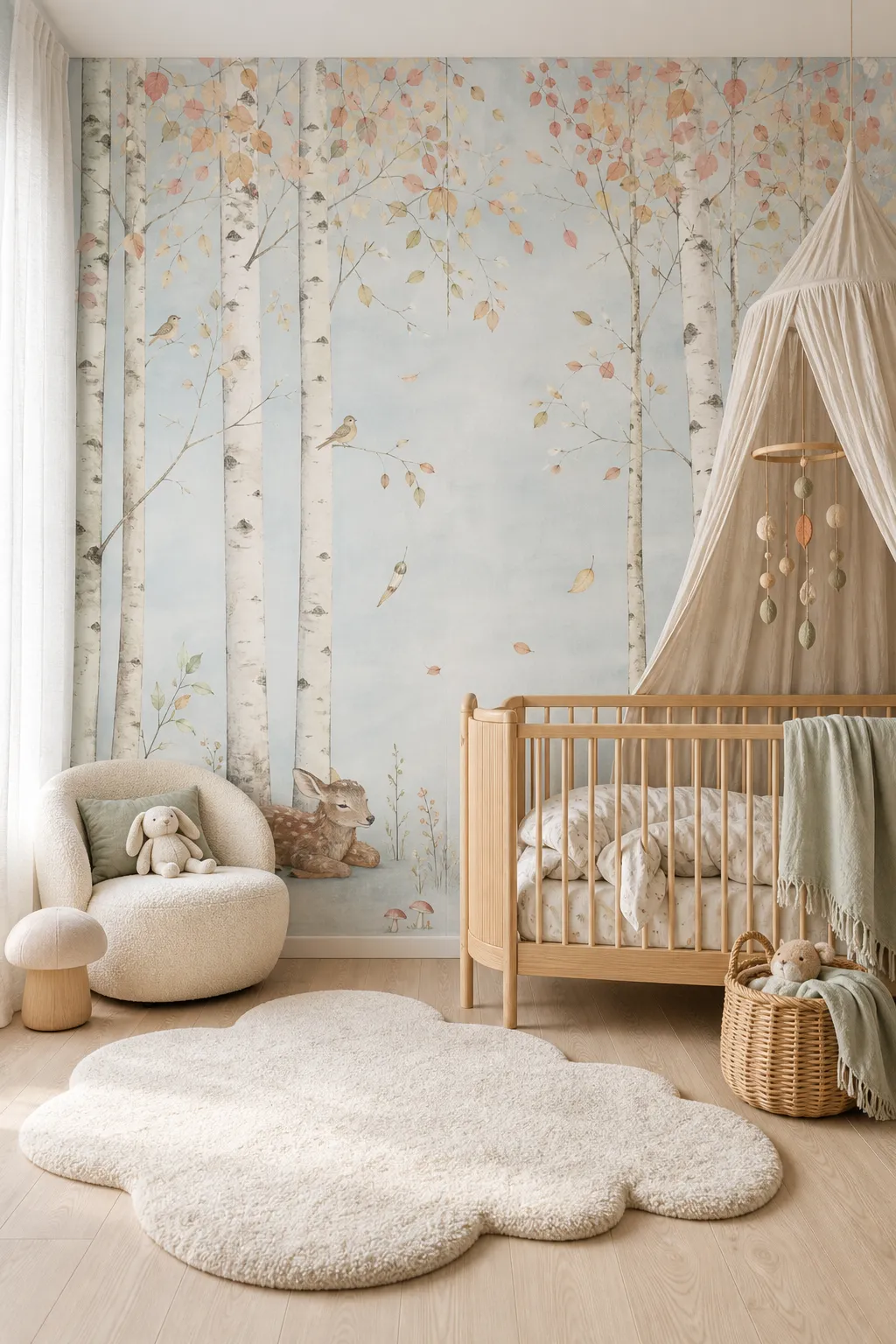 Soft nursery with a pastel birch woodland mural and pale furnishings