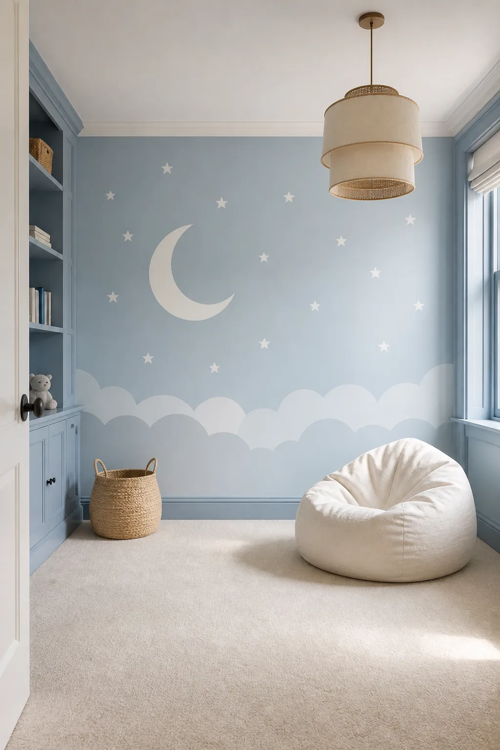 Soft blue nursery decorated with a pastel moon and floating cloud mural
