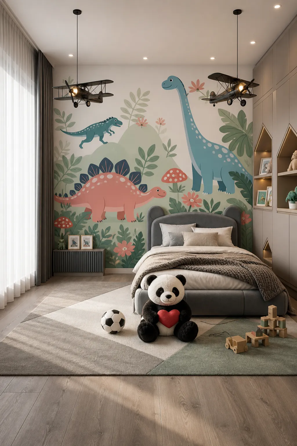 Polished modern children’s room featuring playful pastel dinosaur wall art
