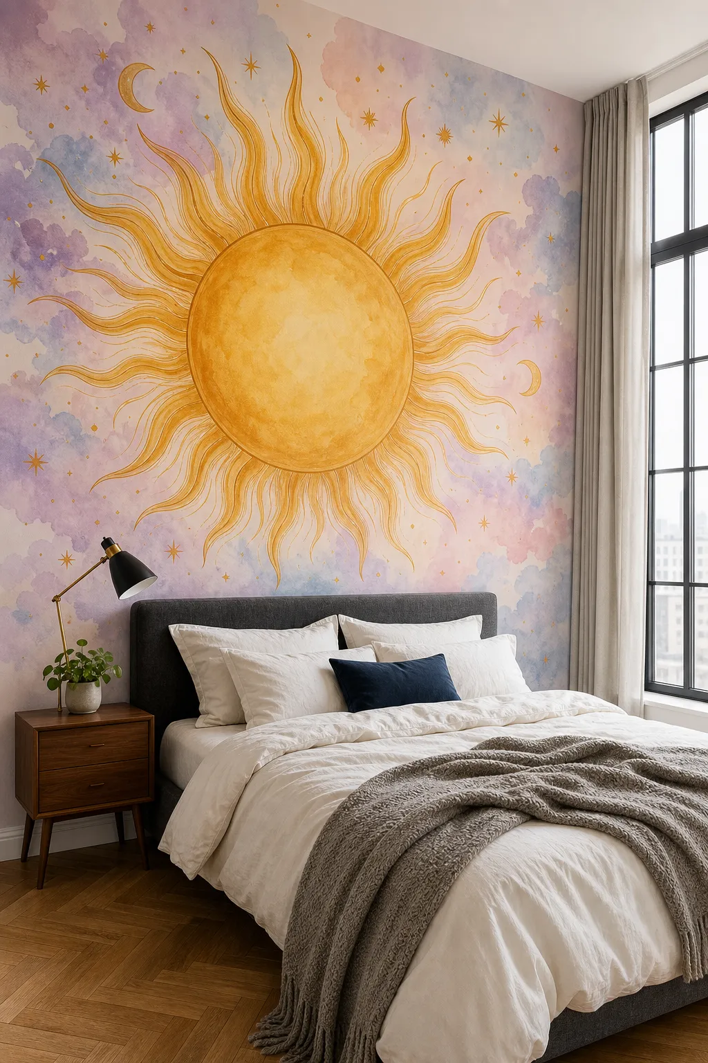 Dreamy pastel bedroom with a celestial mural of sun moon stars and clouds