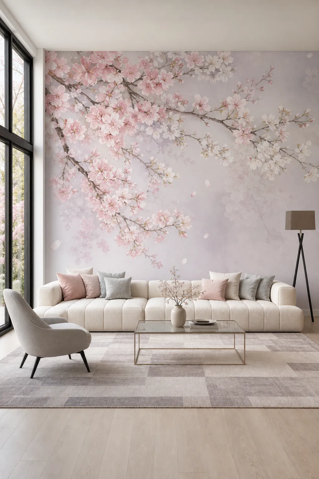 Bright living room with an airy pastel cherry blossom feature wall