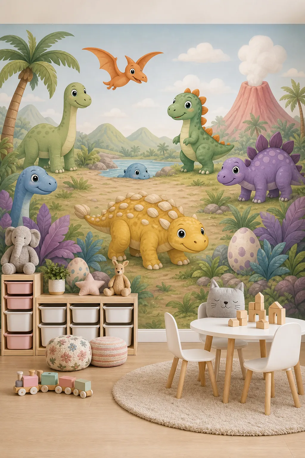 Peaceful nursery with gentle pastel dinosaur artwork and soft coordinated furnishings