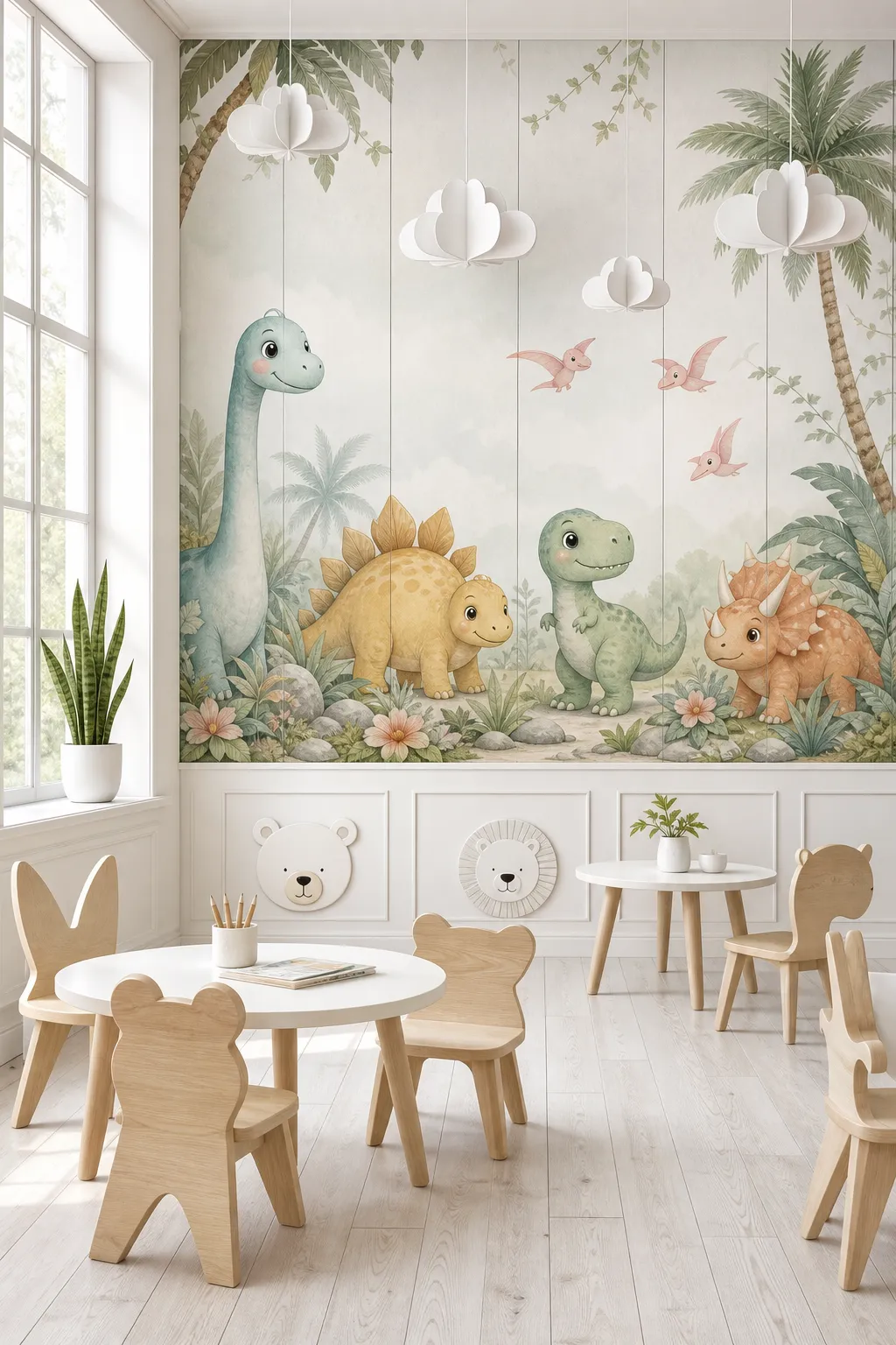 Soft nursery playroom decorated with pastel dinosaur illustrations