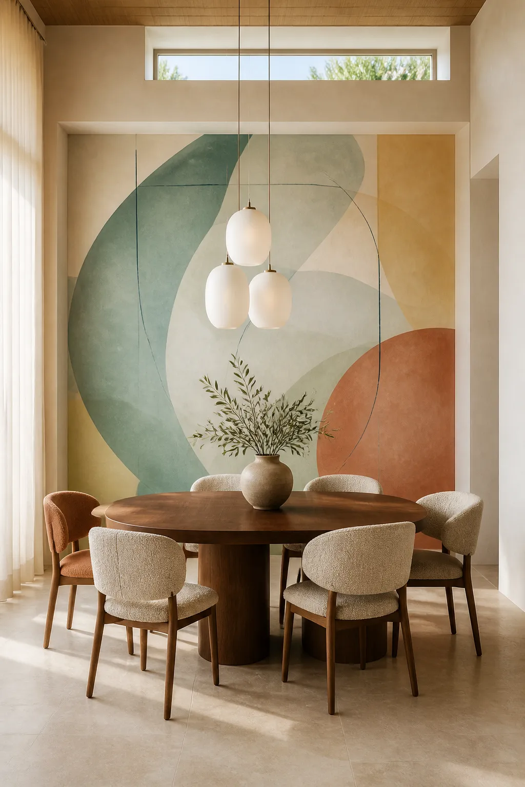 Modern dining room balanced by a pastel geometric feature wall