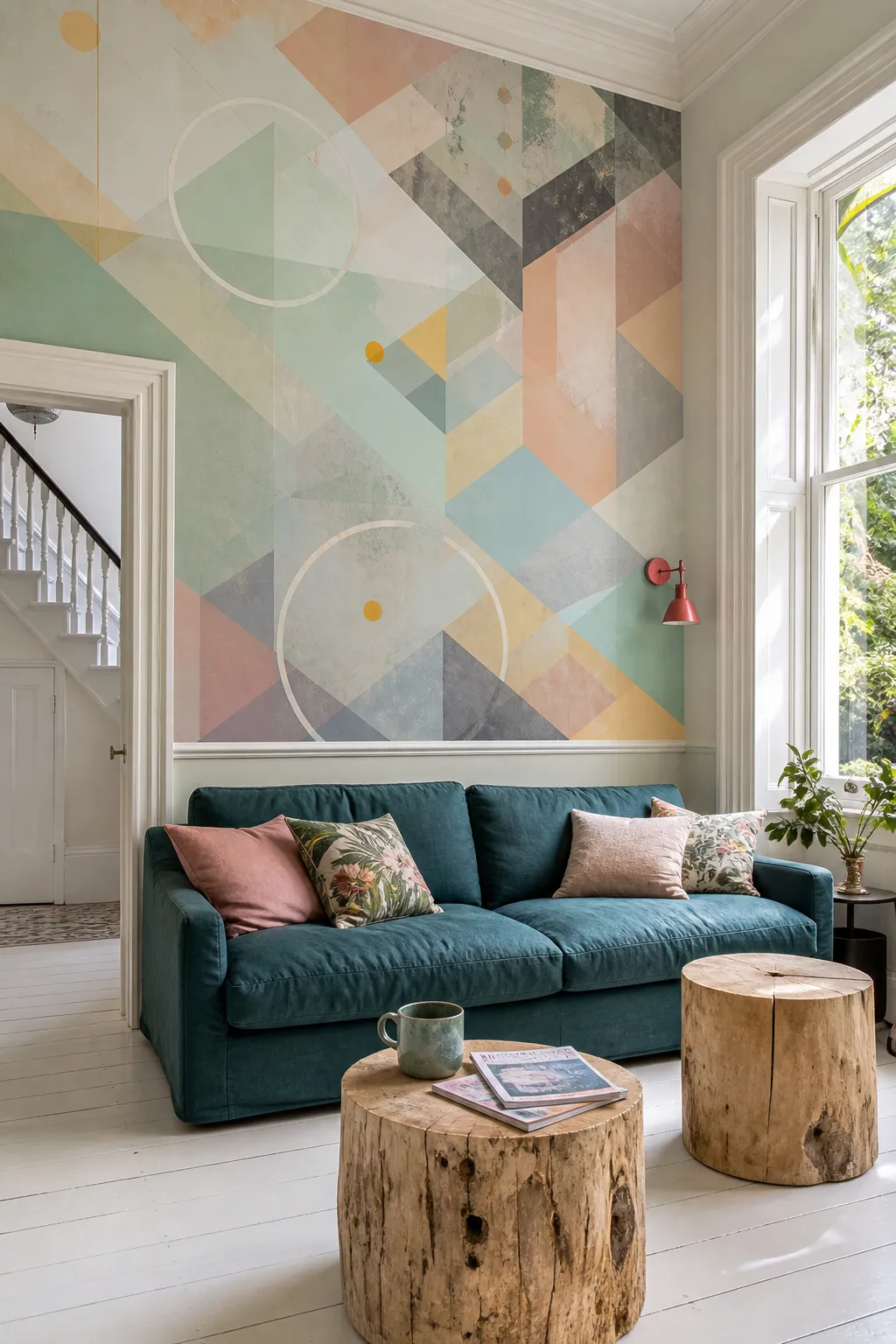 Bright living room with a feature wall of soft pastel prism shapes