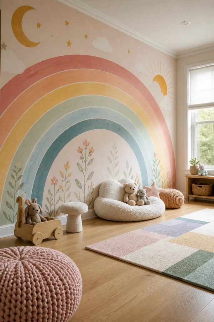 Dreamy children's playroom featuring a soft pastel rainbow wall mural