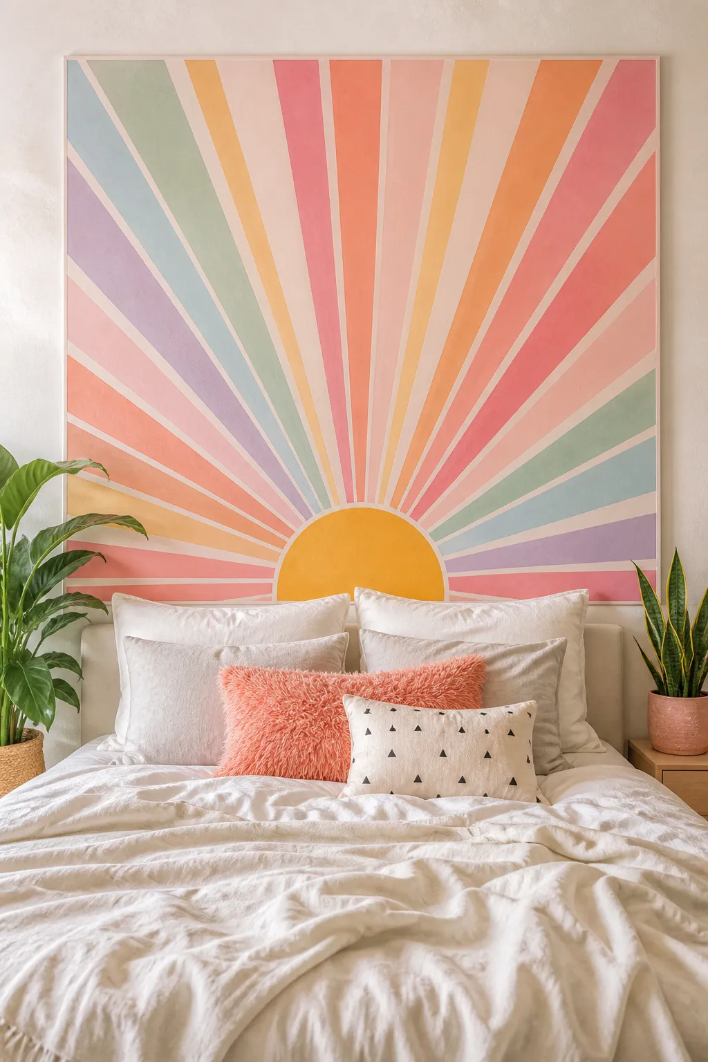 Cheerful bedroom featuring a pastel rainbow and smiling sun wall mural