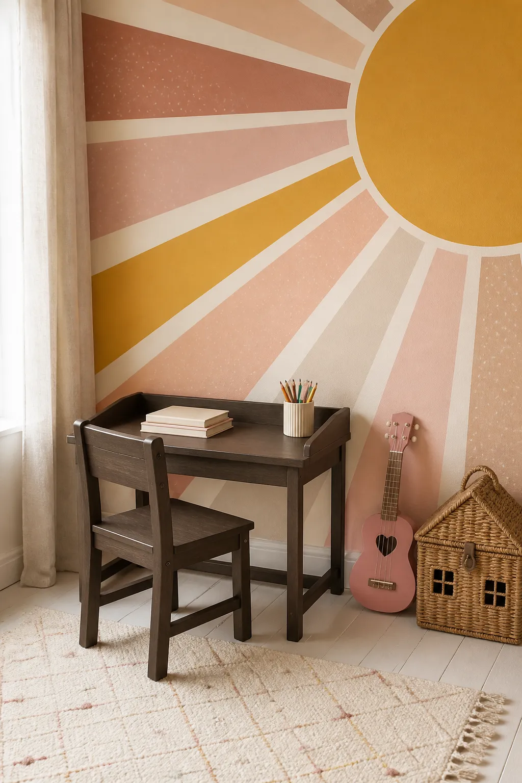 Kids study nook with a pastel rising sun mural above a small desk