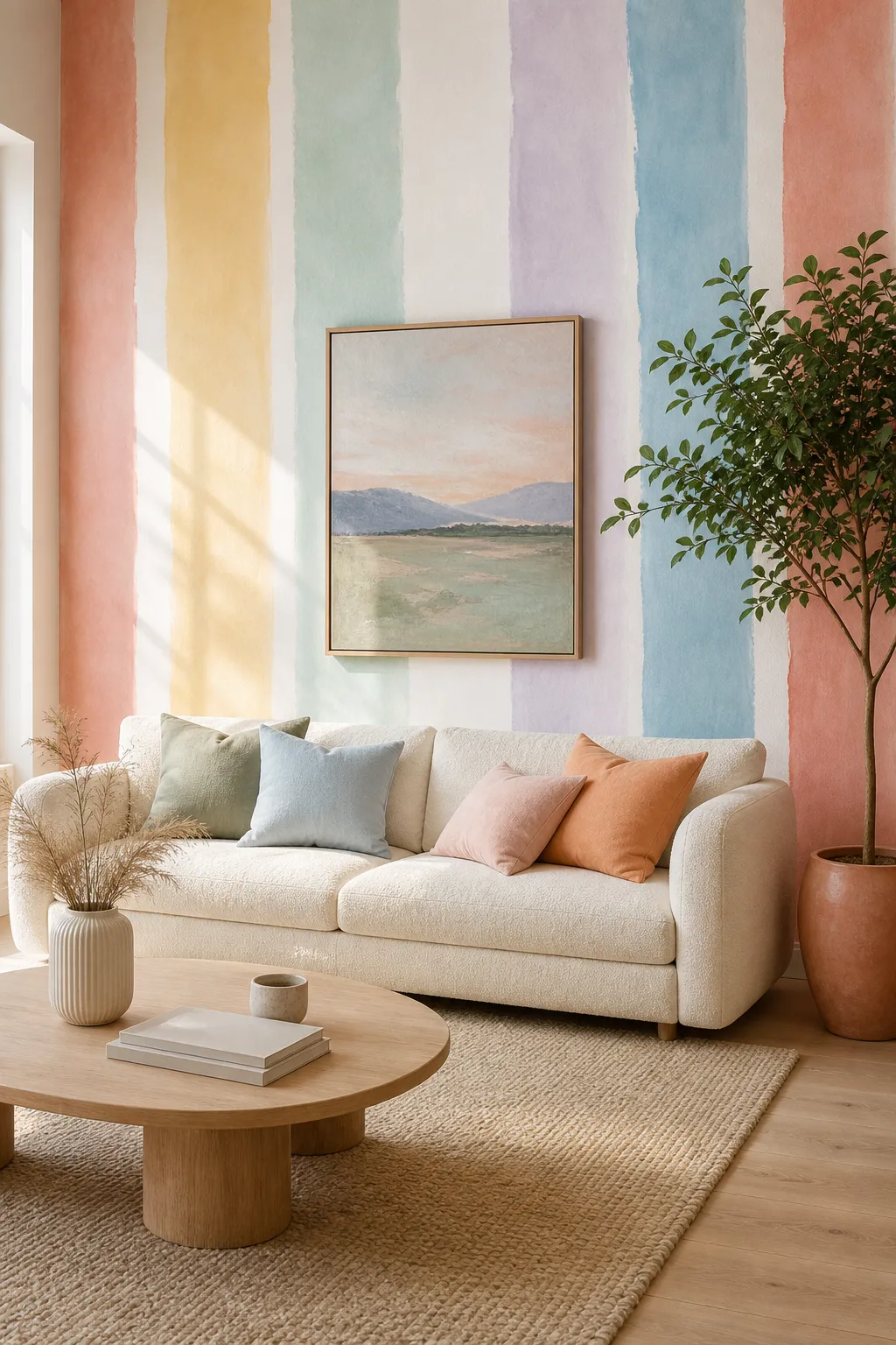 Nordic living room decorated with gentle pastel striped walls and pale furnishings