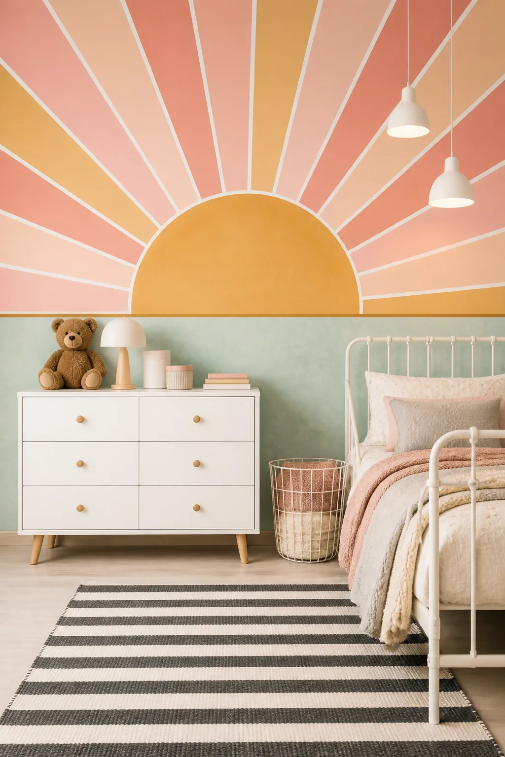 Soft nursery decorated with a pastel sunrise and rolling landscape mural