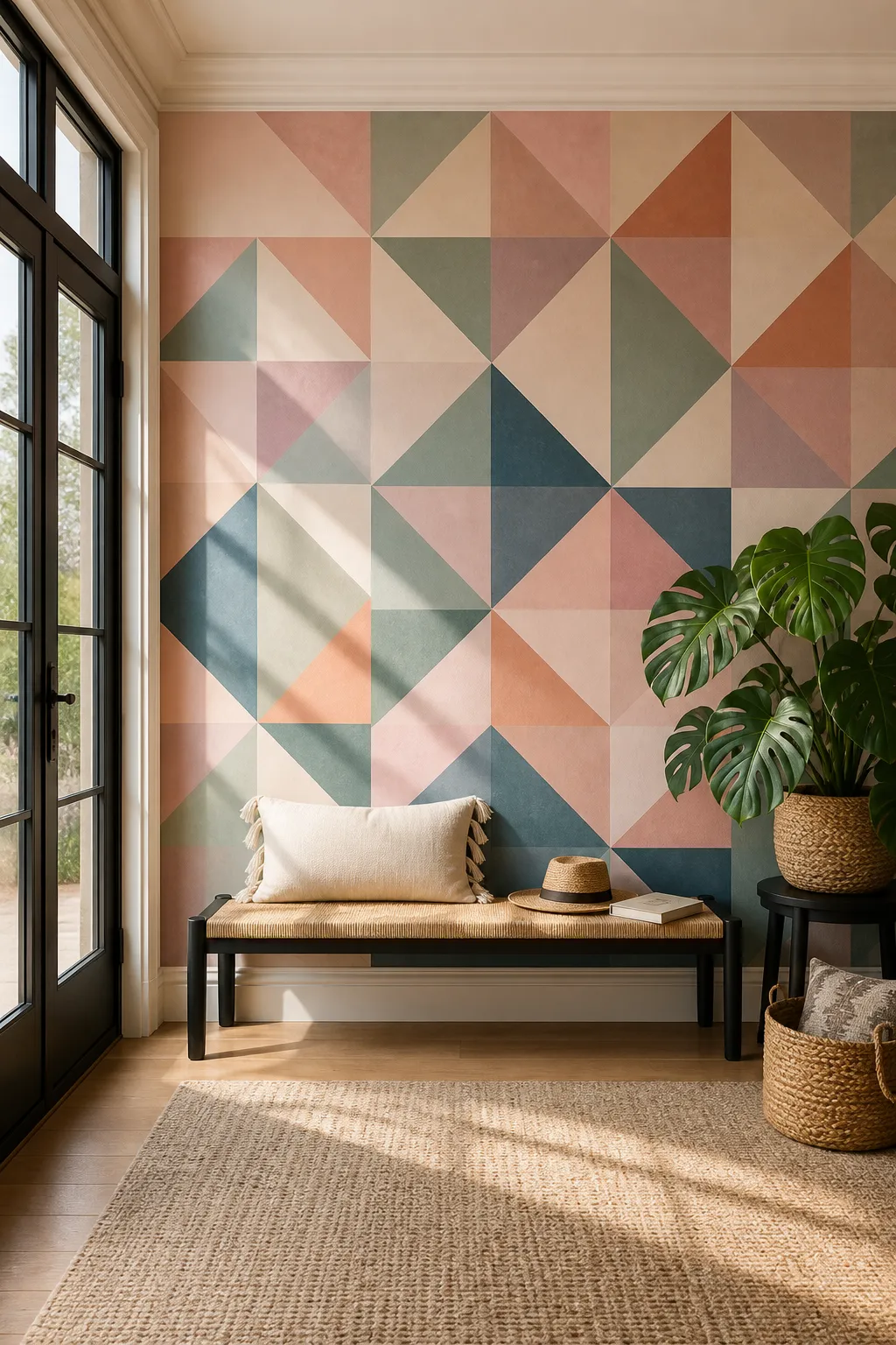 Welcoming entryway decorated with a mural of pastel triangles