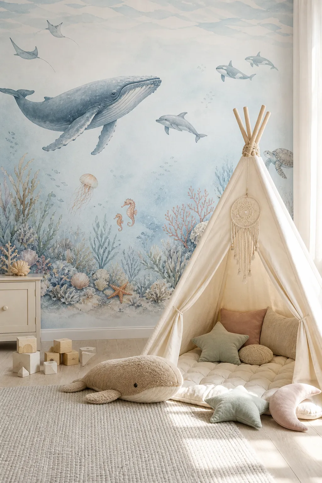 Kids’ playroom filled with pastel underwater animals and plants