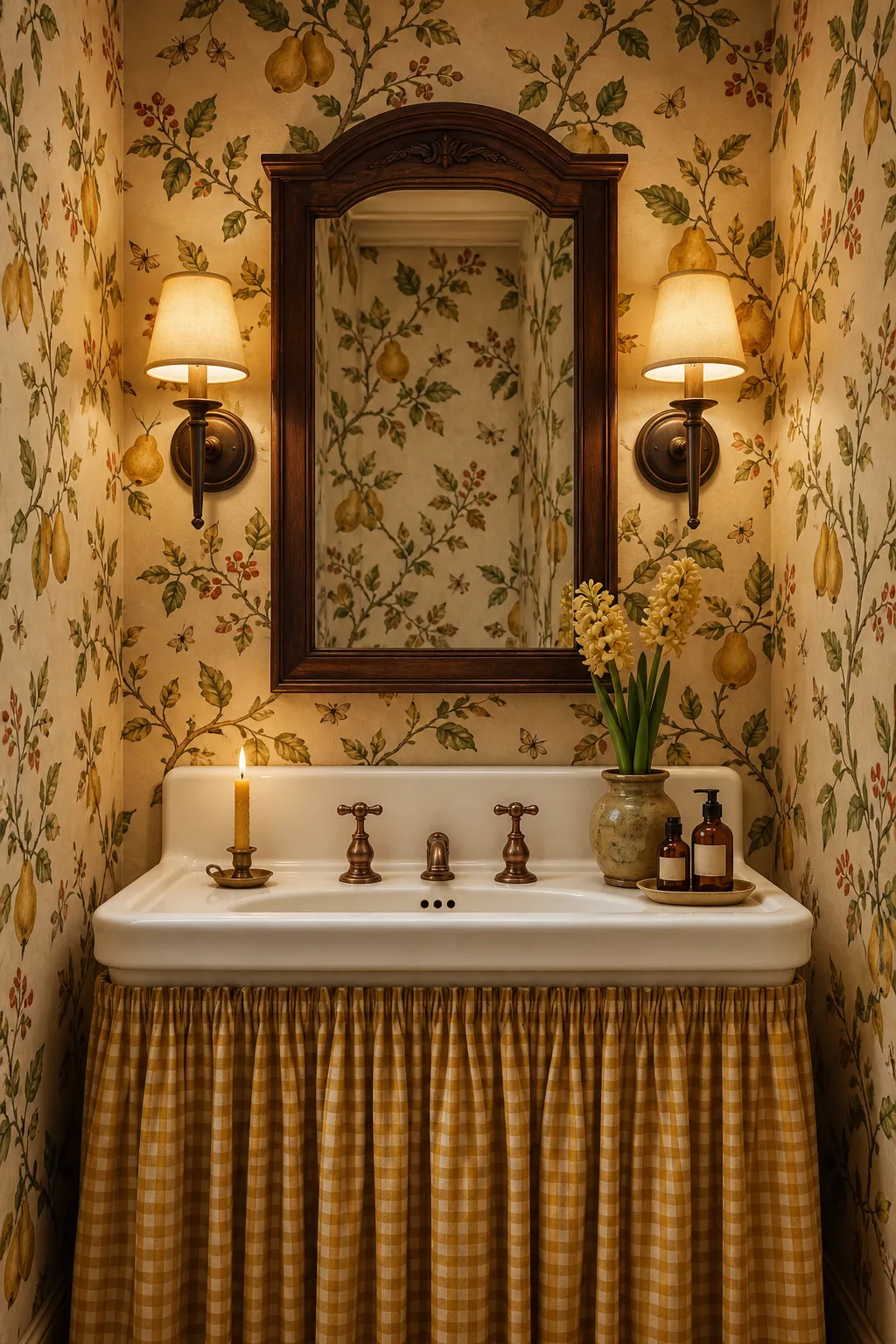 Charming bathroom with pear tree wallpaper and cottage-style accents