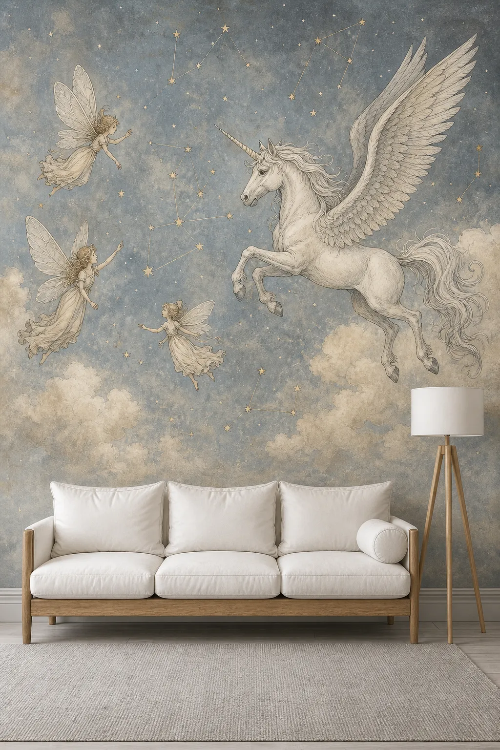 Fantasy feature wall depicting Pegasus, fairies, clouds, and stars