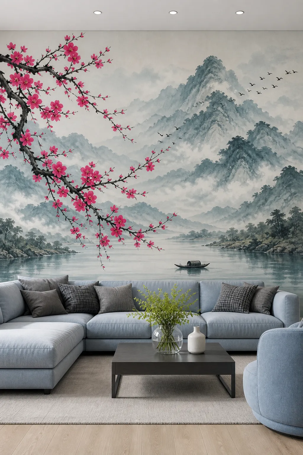 Scenic interior mural combining pink blossoms with distant misty mountains