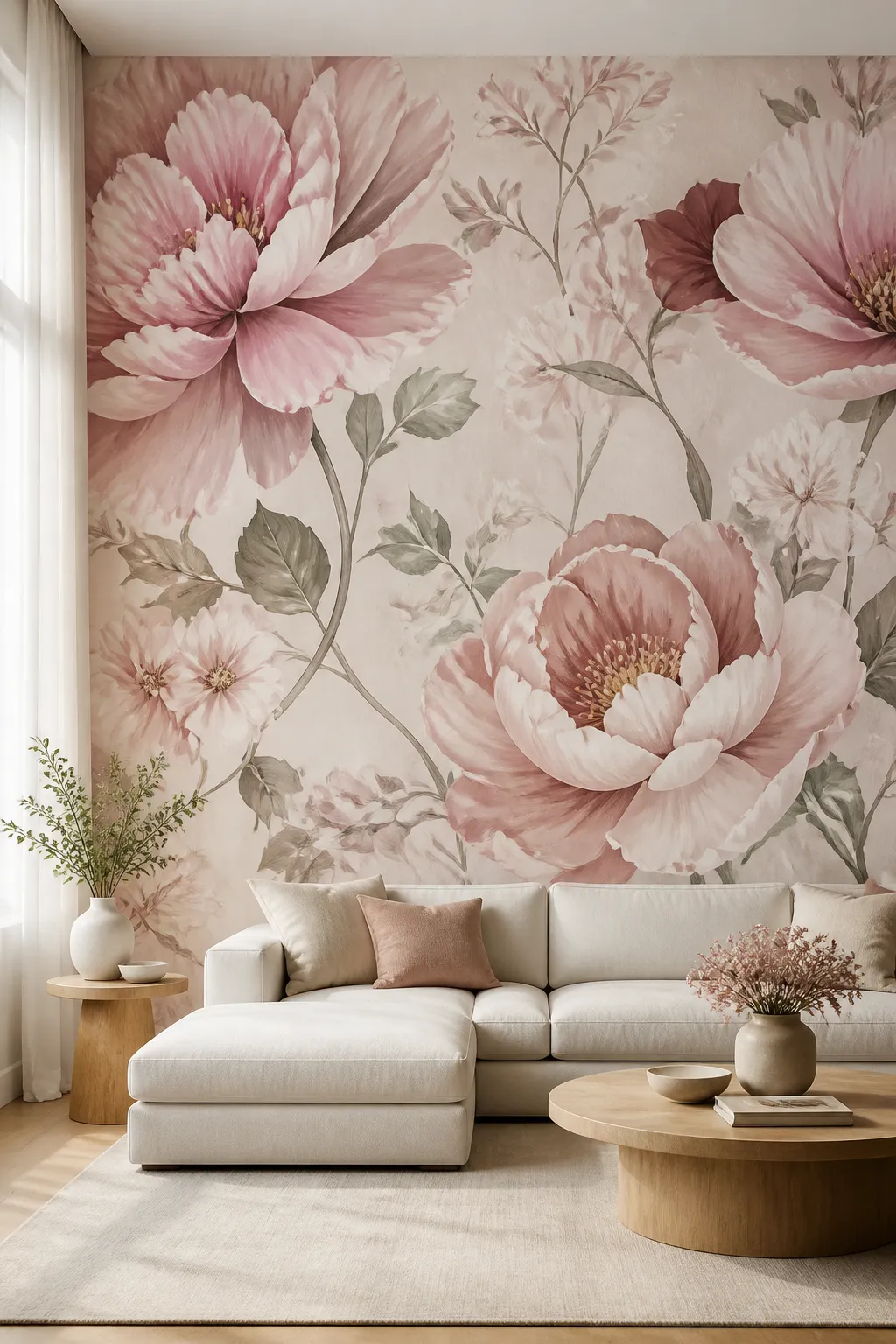 Light neutral interior with a subtle soft pink floral statement wall