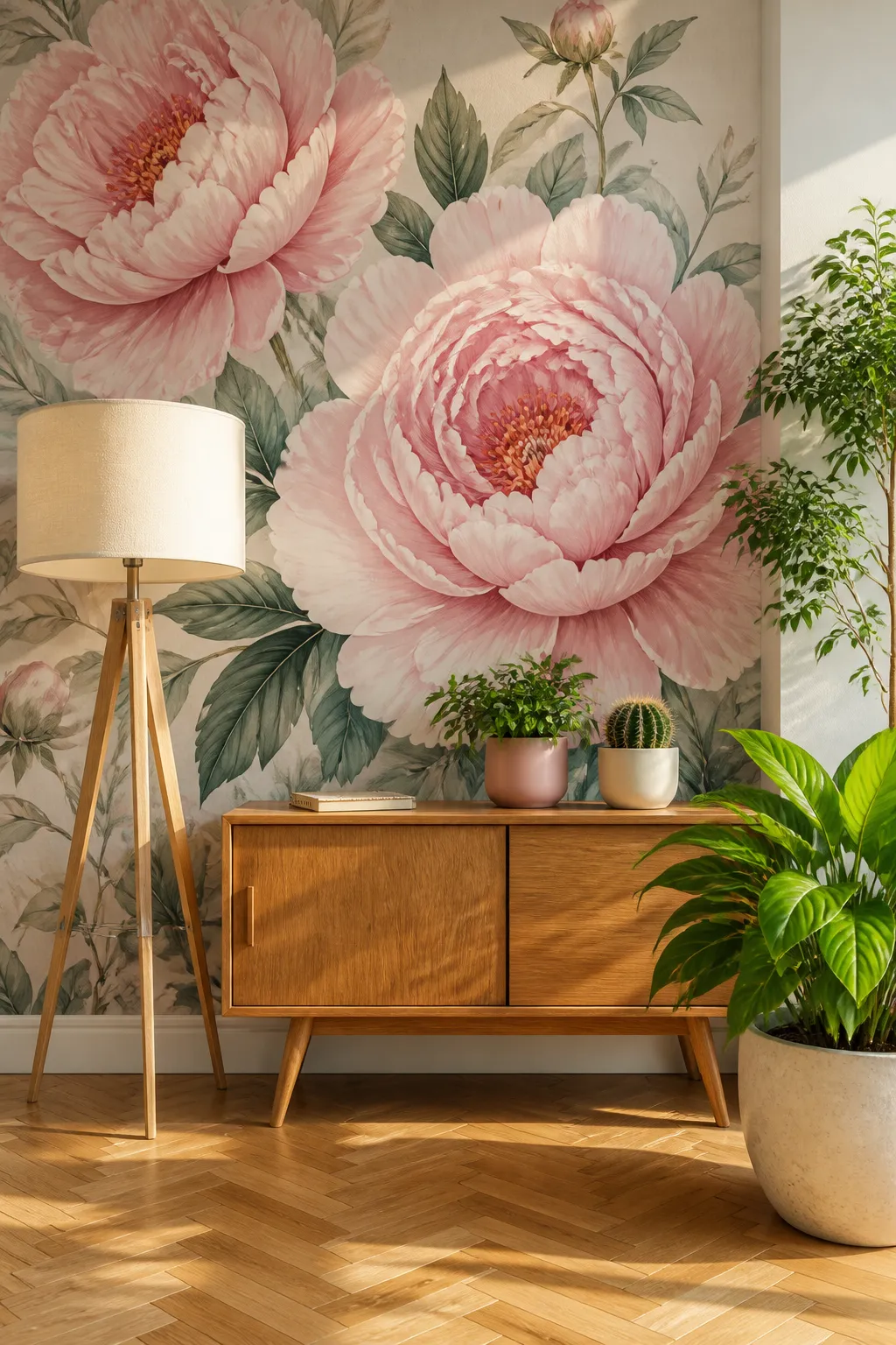 Romantic botanical room with a full feature wall covered in lush pink flowers and foliage