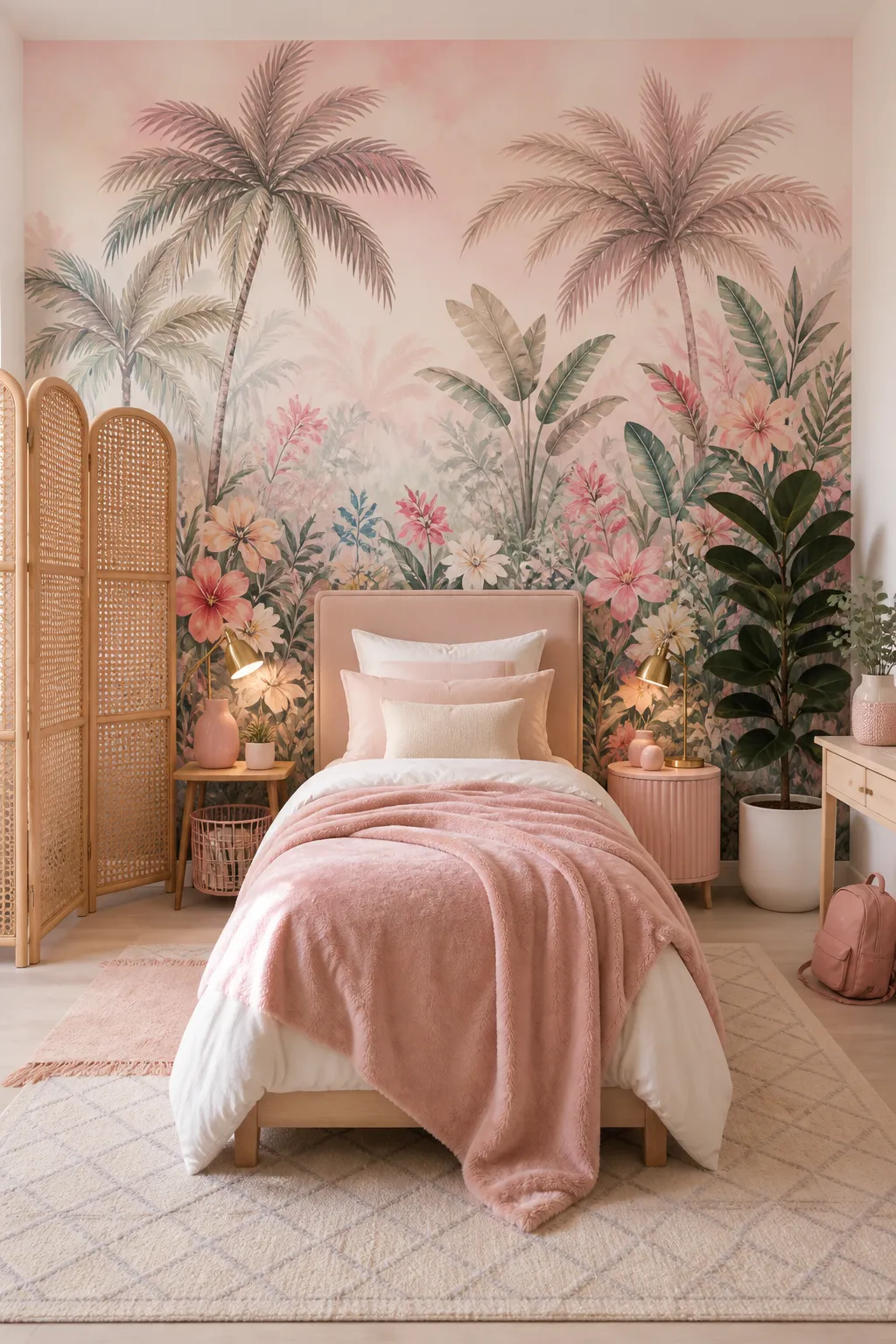 Dreamy bedroom with a pink tropical palm mural and soft layered bedding