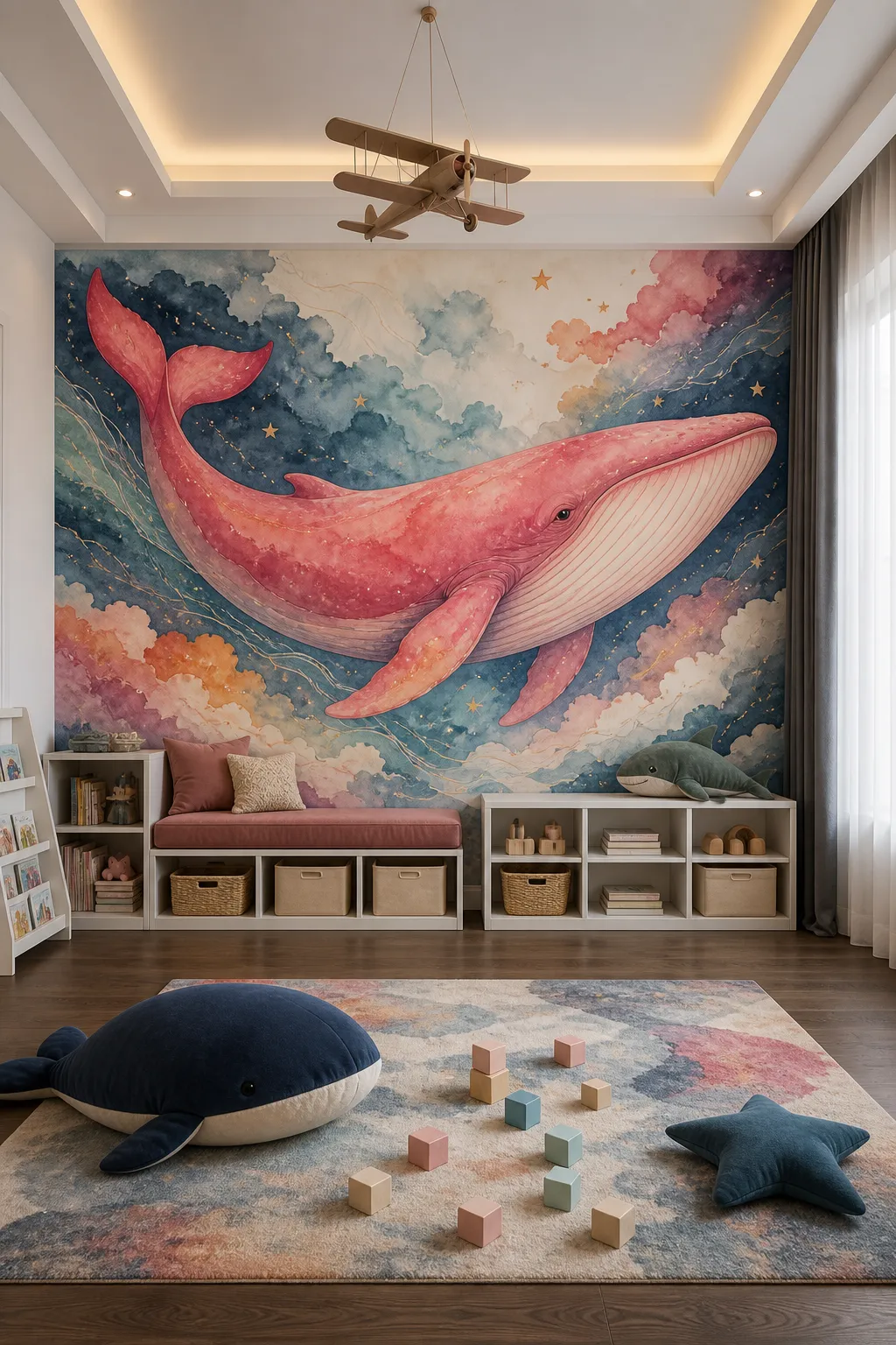 Playful kids’ space featuring magical pink whale wall illustrations