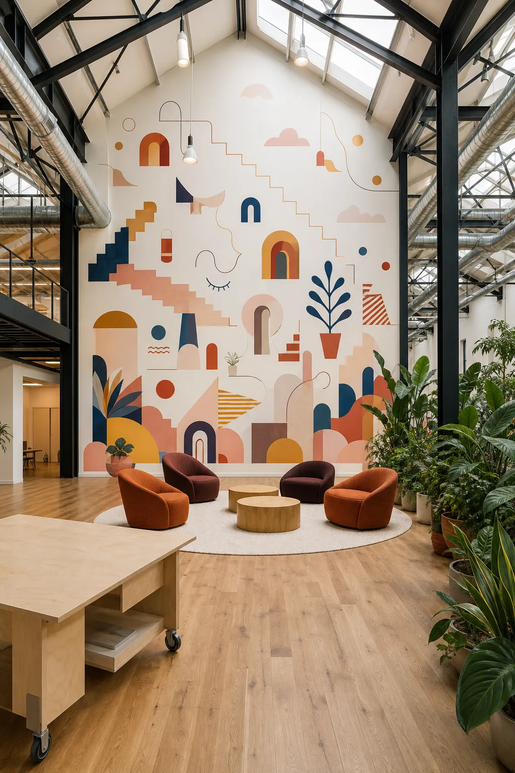 Creative office energized by a playful mural of colorful abstract shapes