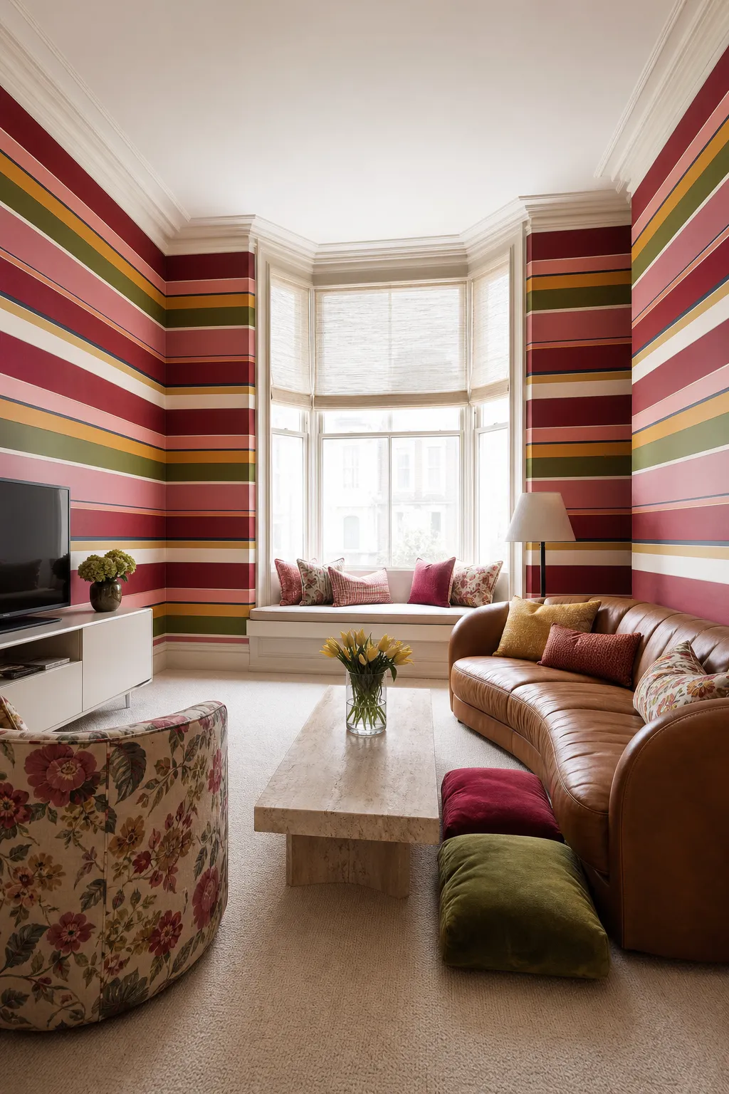 Playful living room with bright horizontal stripes across the walls