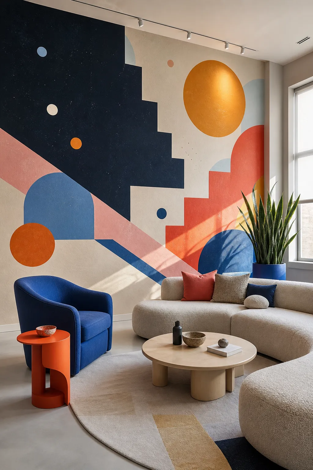 Playful living room decorated with colorful Memphis-style wall shapes