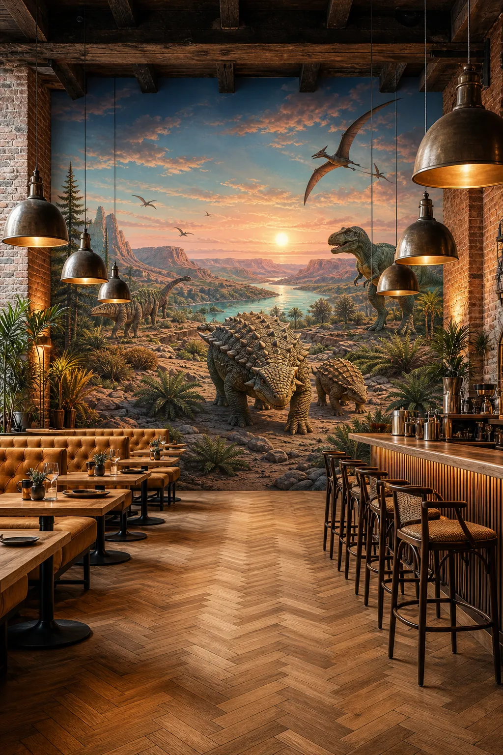 Industrial café interior with an immersive prehistoric dinosaur feature wall