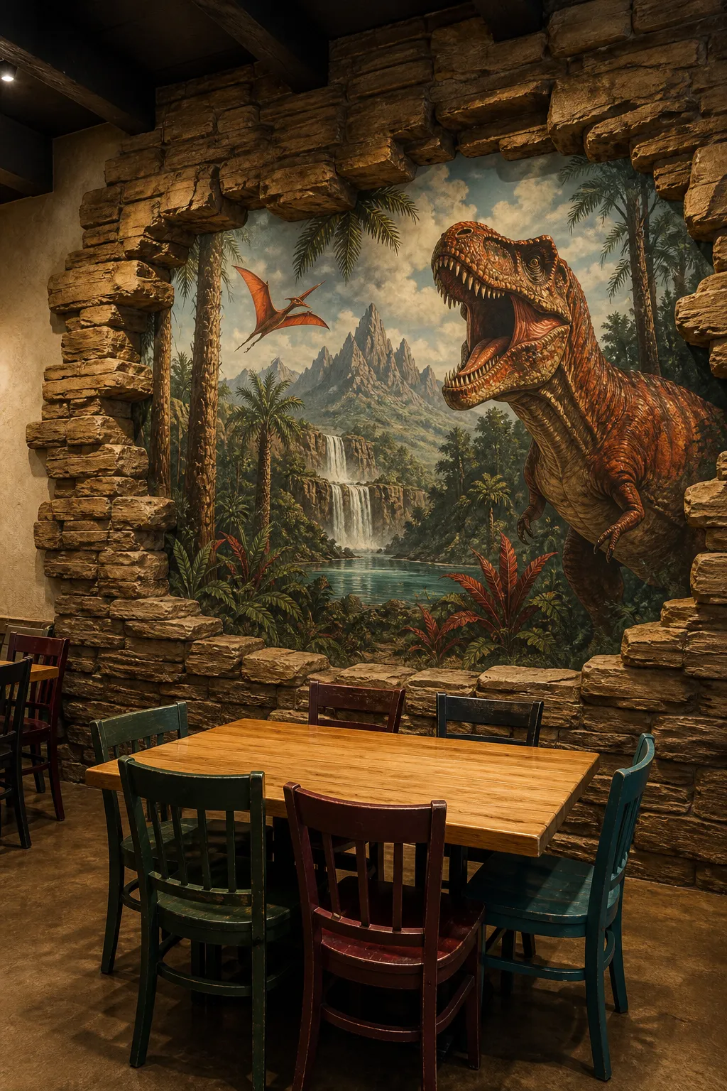 Cozy restaurant nook surrounded by a prehistoric dinosaur jungle mural