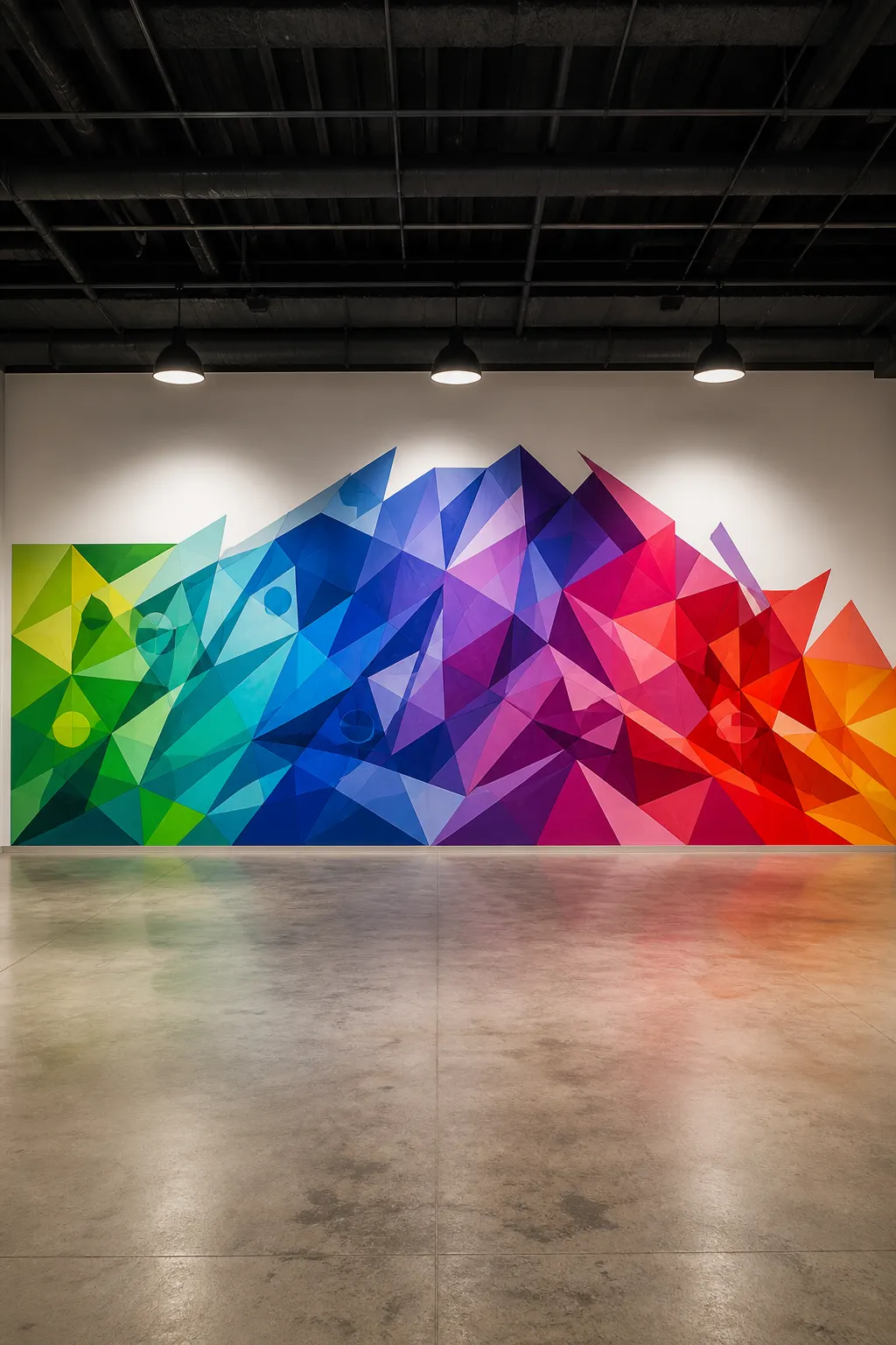 Abstract statement wall composed of vivid prismatic color forms