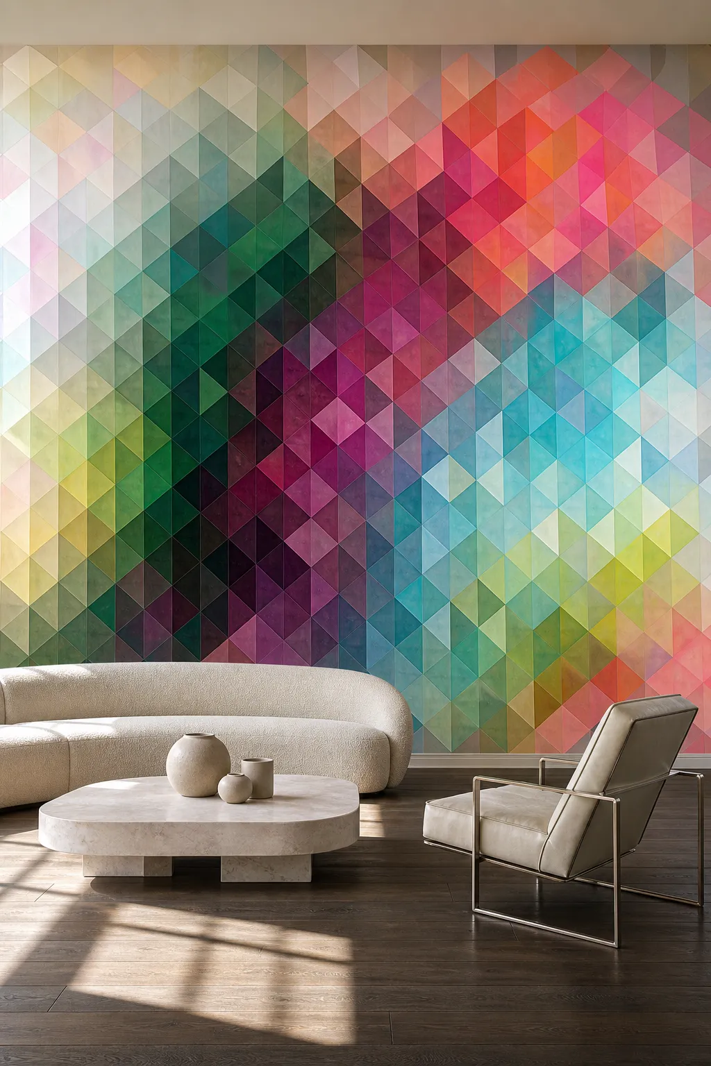 Interior wall covered with a prismatic geometric cube pattern that creates optical depth