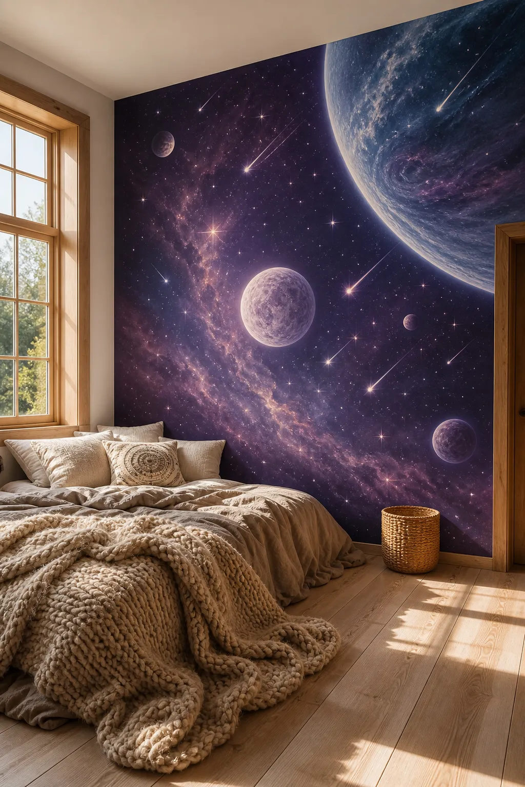 Cozy bedroom transformed with purple planets, stars, and cosmic decor