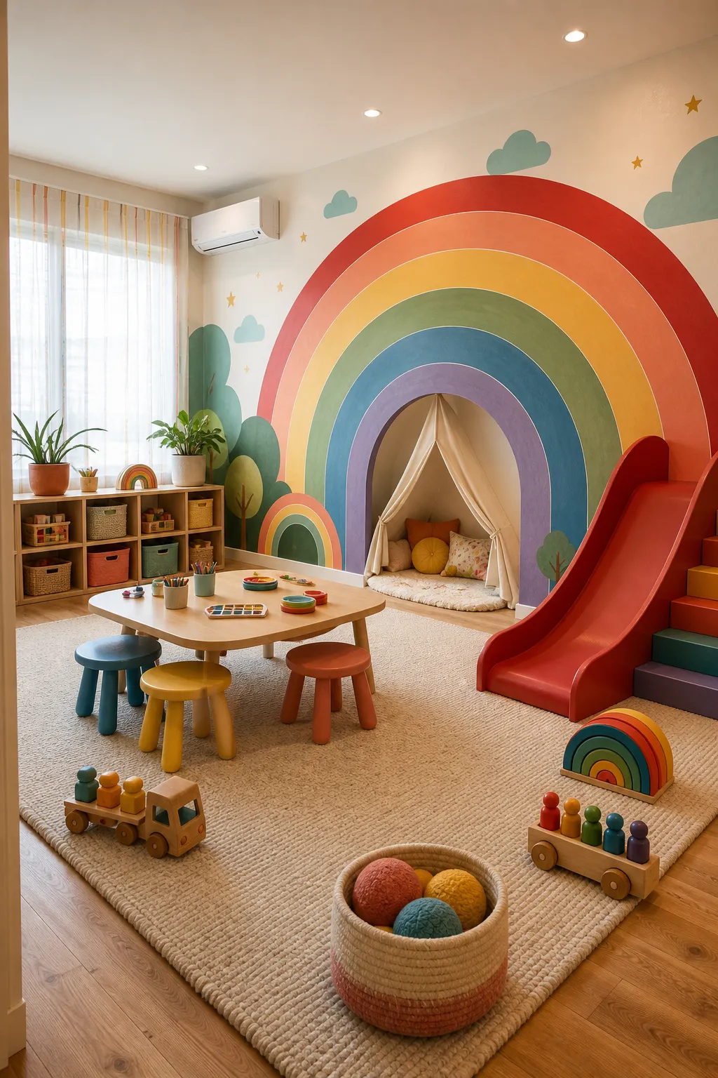 Kids' playroom with a joyful rainbow mural stretching across the entire wall