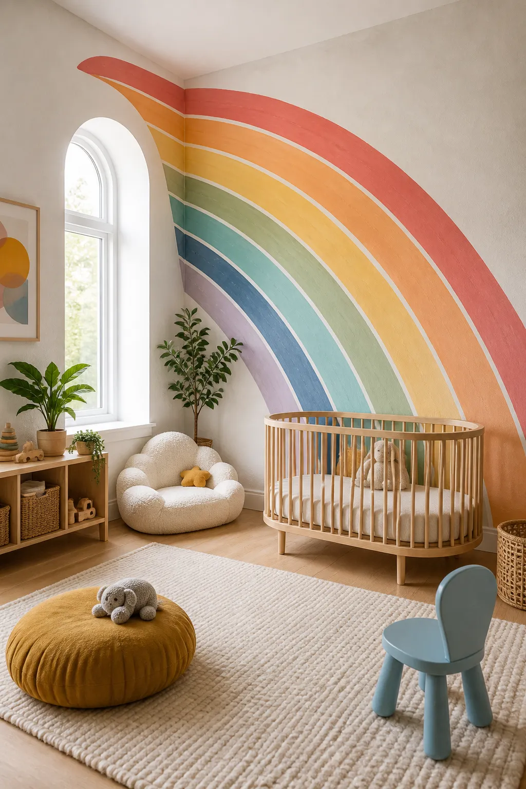 Modern nursery with a cheerful painted rainbow feature wall in warm, playful colors