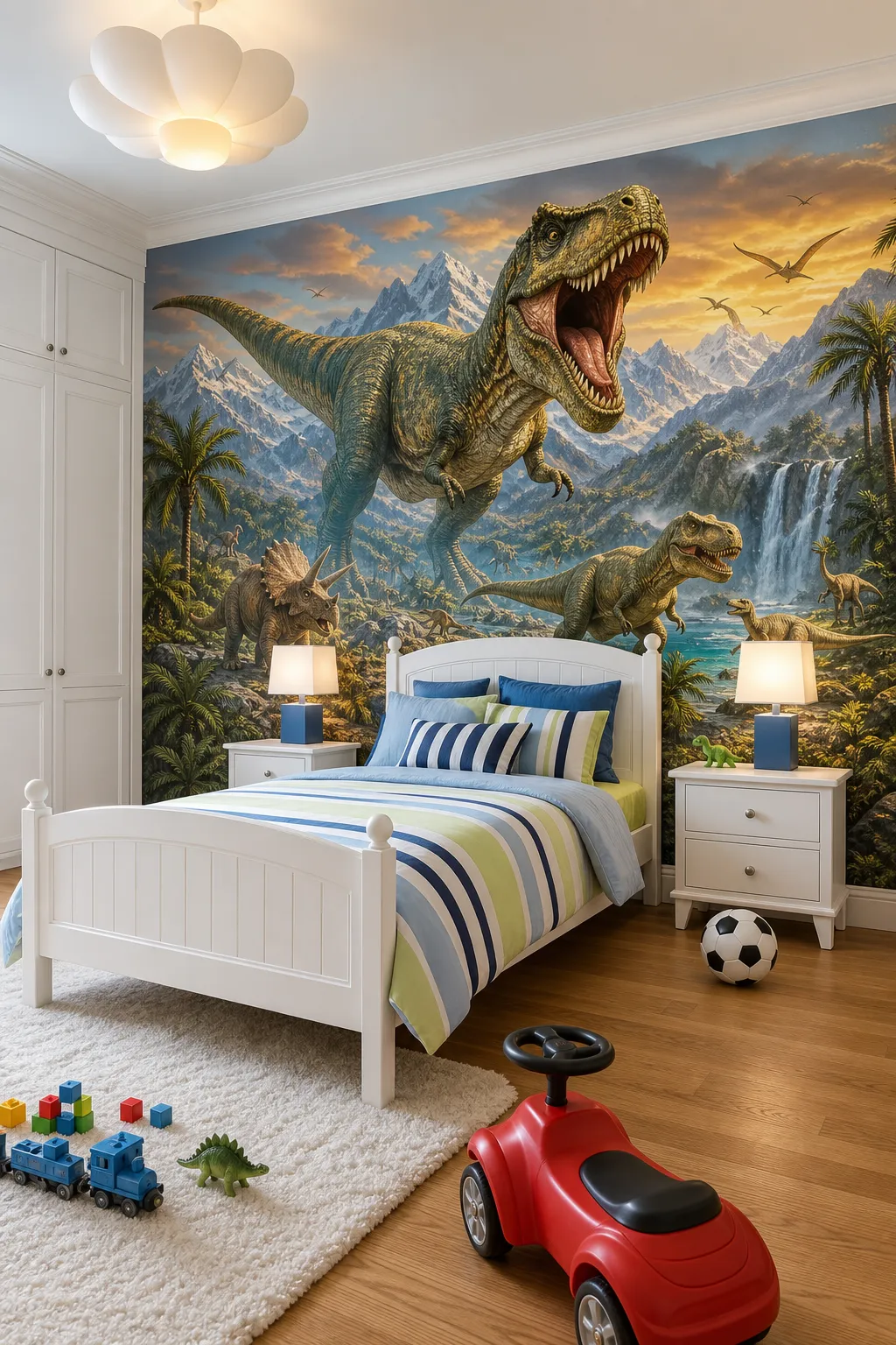 Kids bedroom with an epic realistic dinosaur mural depicting a dramatic prehistoric landscape