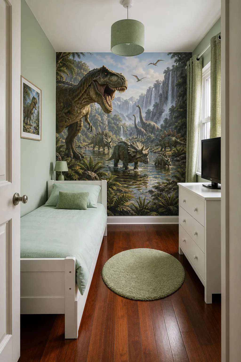 Green bedroom wrapped in a realistic prehistoric landscape mural with lifelike dinosaurs