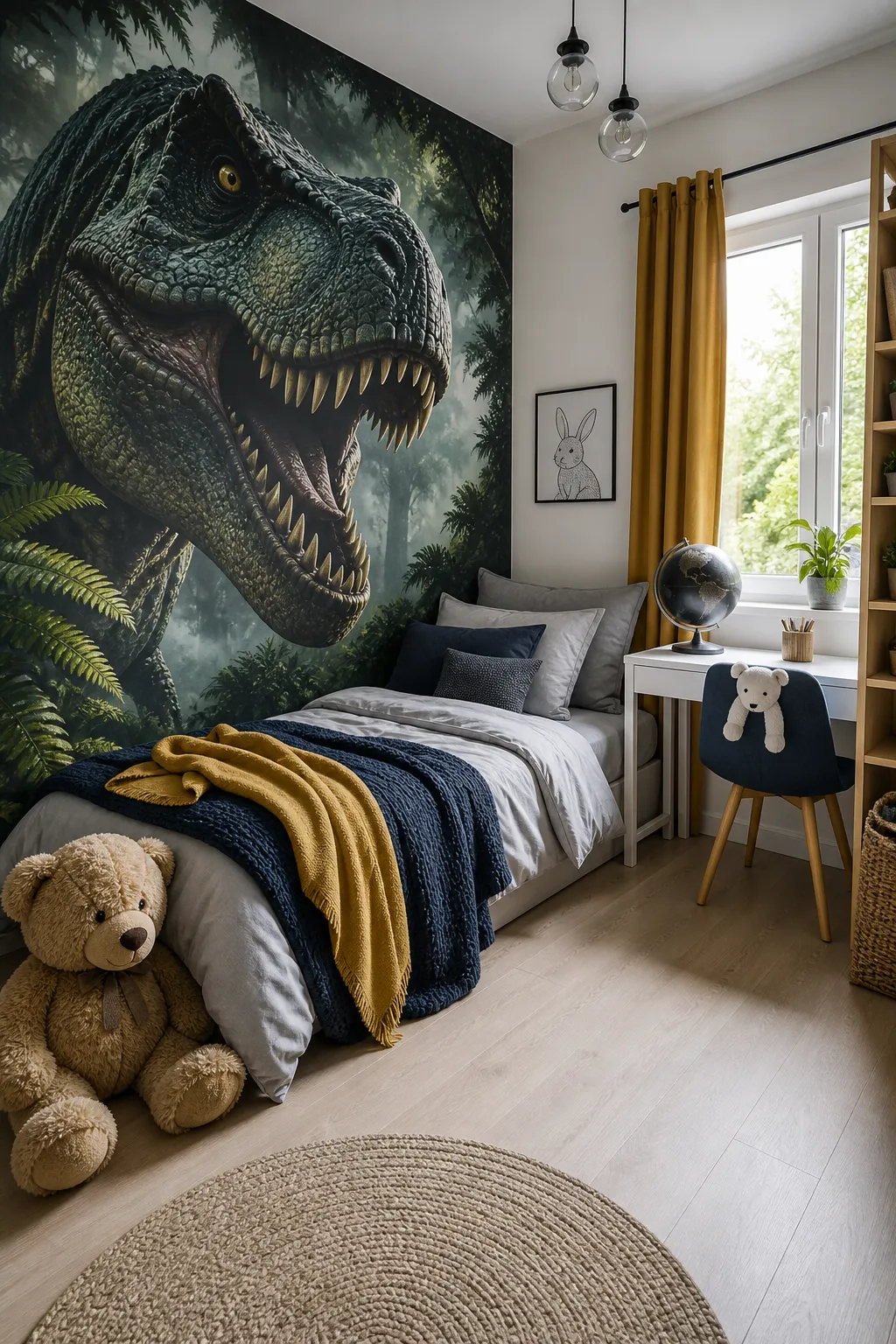 Kids bedroom with a dramatic realistic T. rex mural covering the feature wall