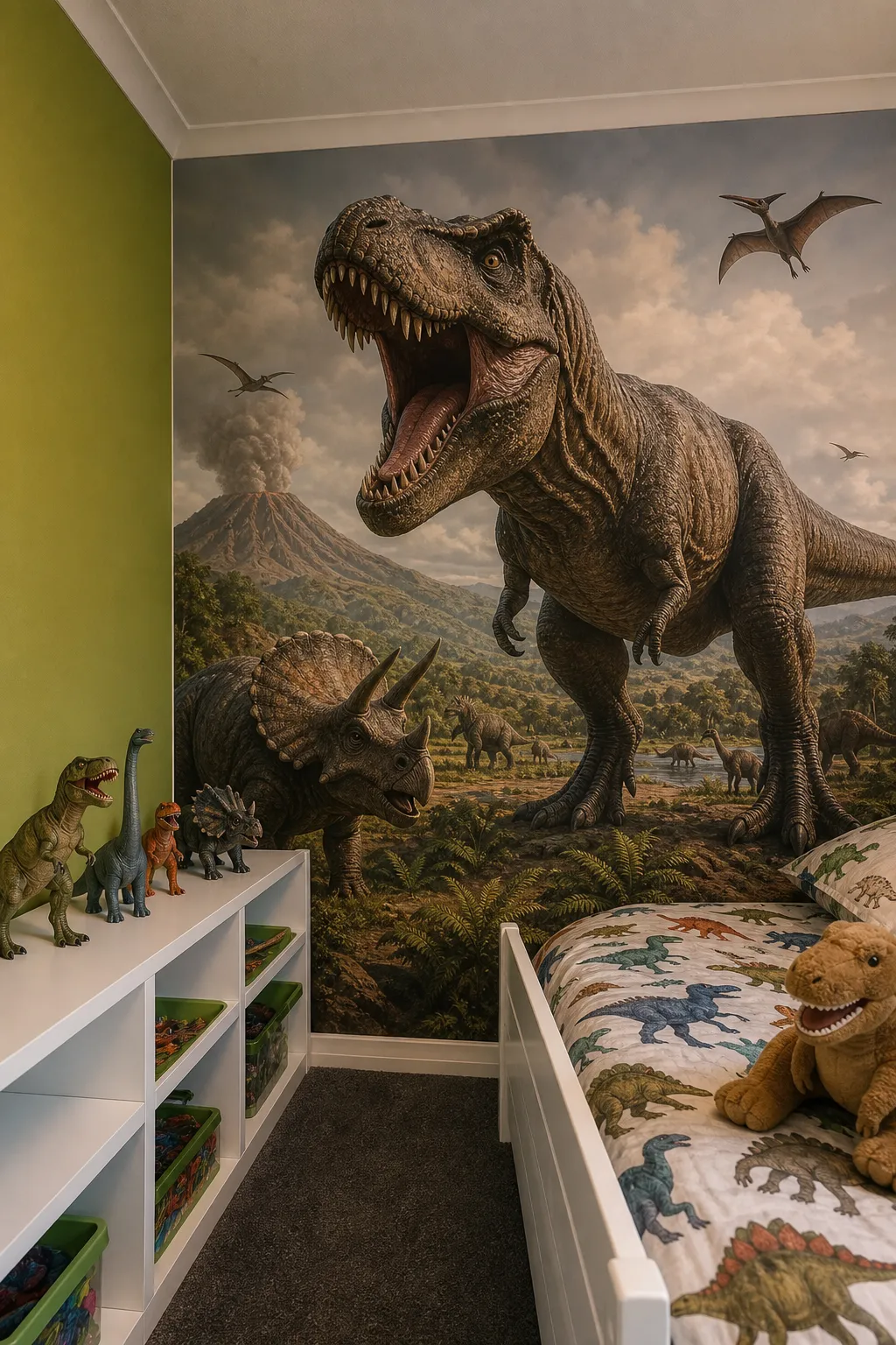 Dramatic dinosaur-themed bedroom with a roaring T. rex as the central wall feature
