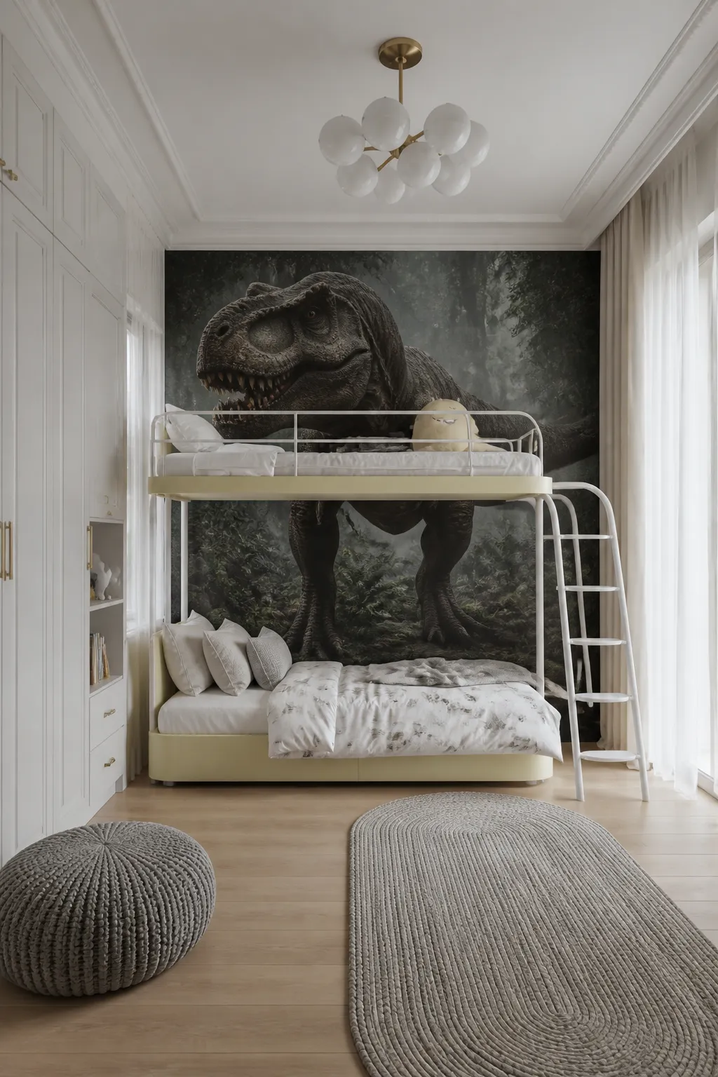 Dark bunk room designed around a realistic cinematic T. Rex mural