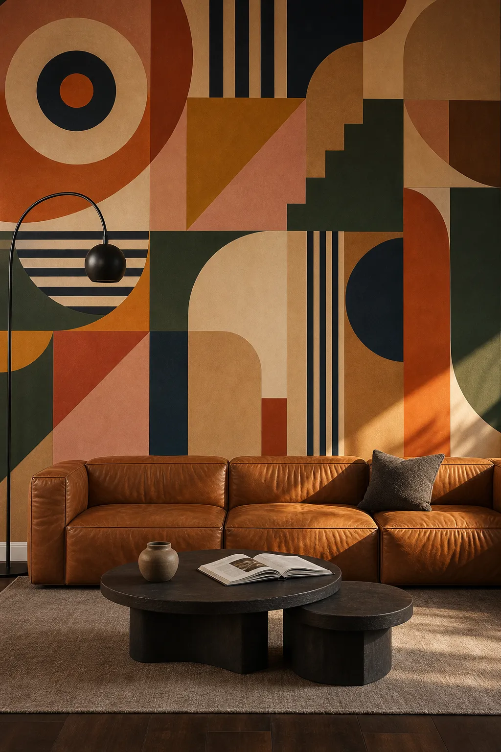 Living room featuring a retro mural of bold colorful blocks