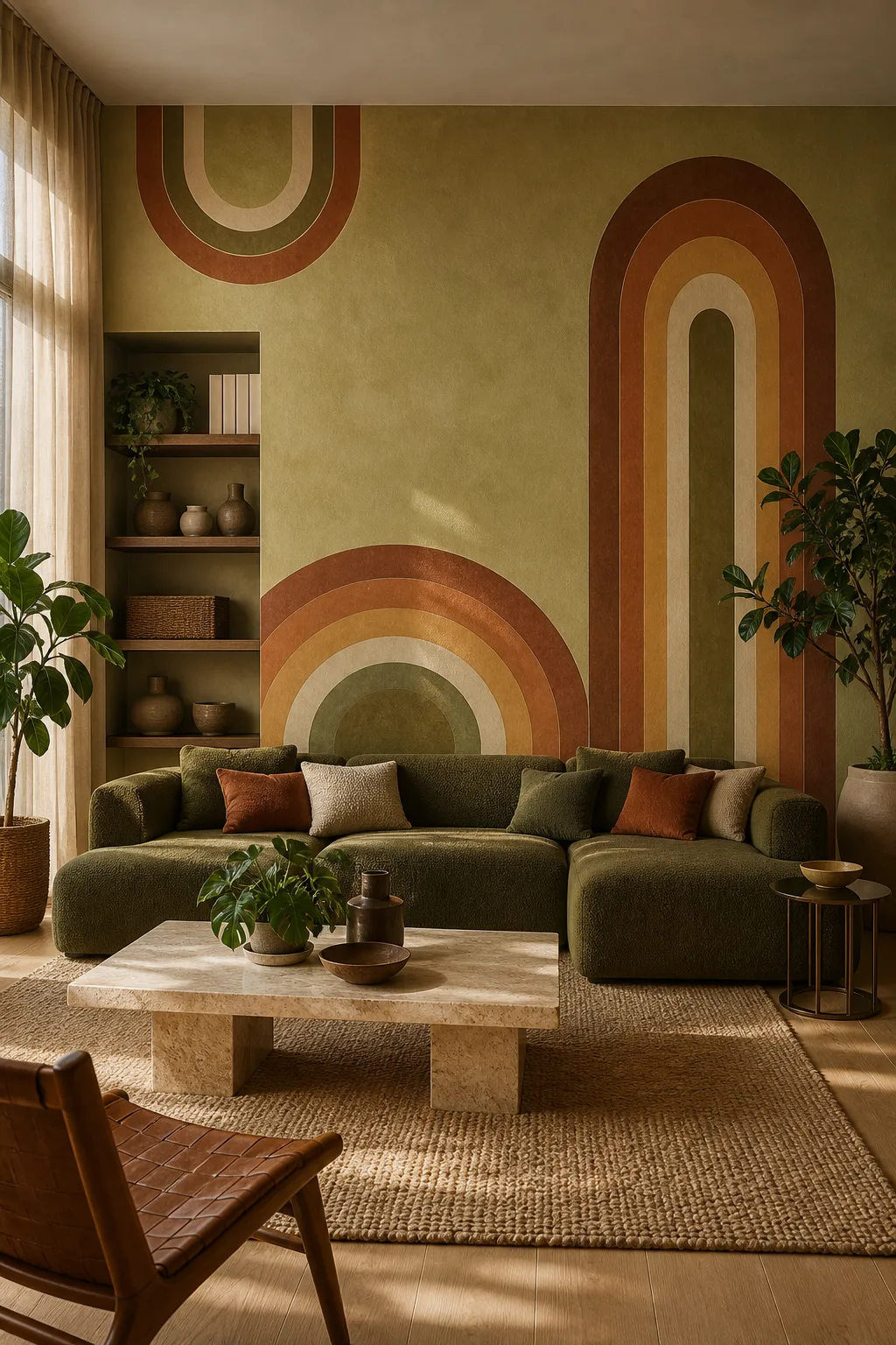 Cozy retro interior with muted rainbow arches and vintage furnishings