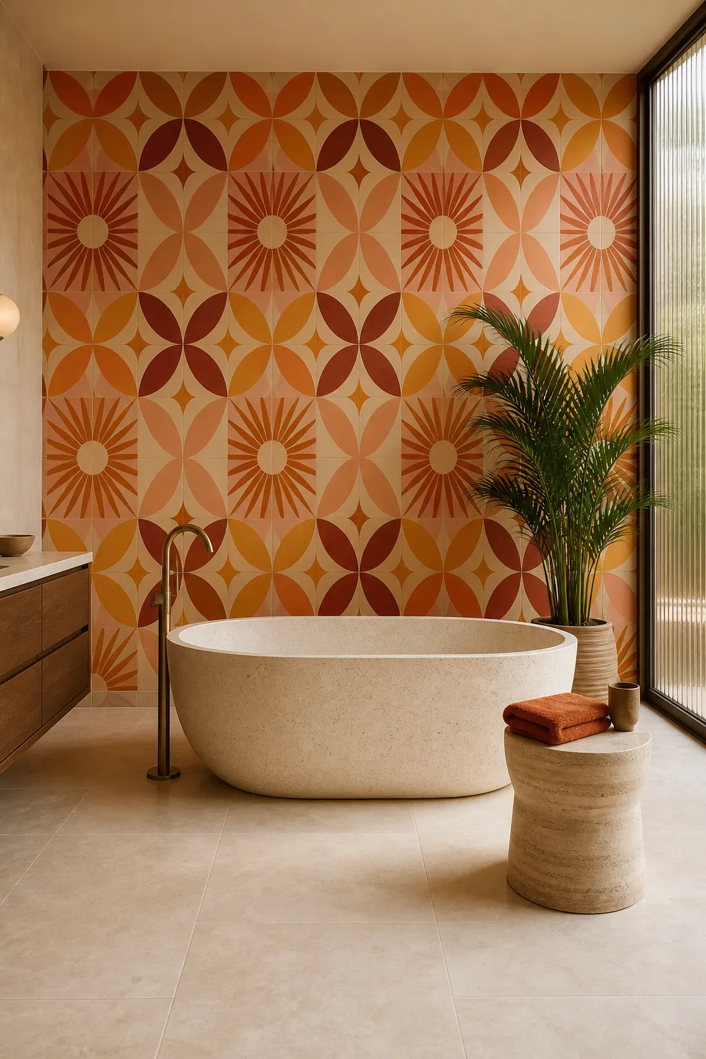 Vintage bathroom featuring colorful retro geometric wallpaper and classic fixtures