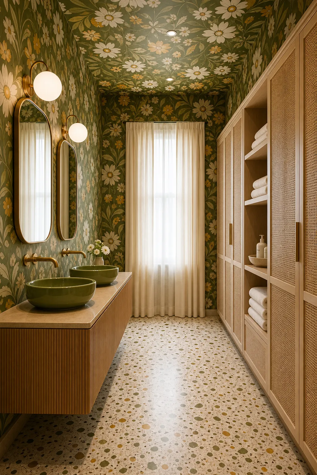 Retro bathroom with green floral wallpaper and a spacious double vanity