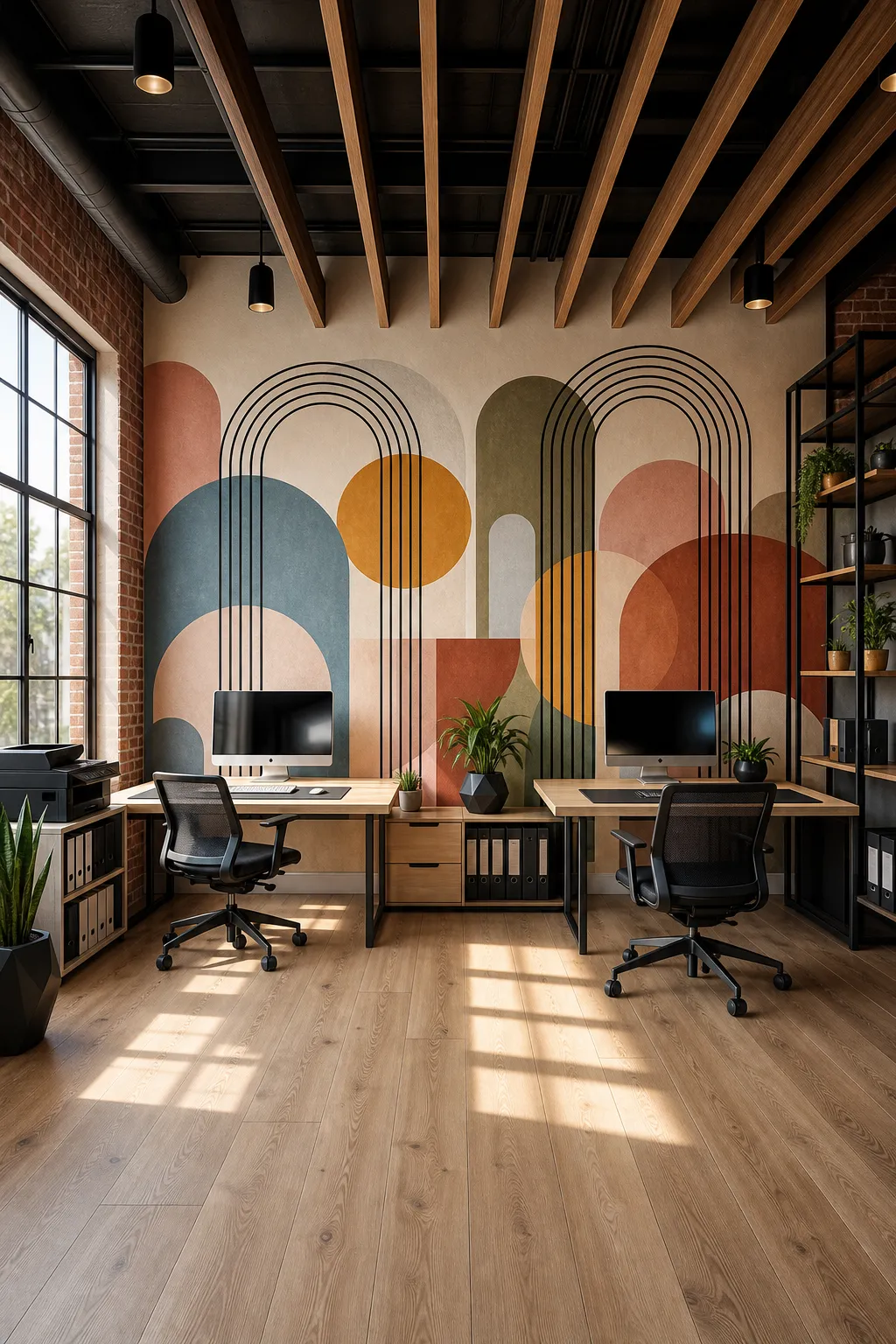 Retro modern office framed by a geometric mural of rounded arches in warm colors