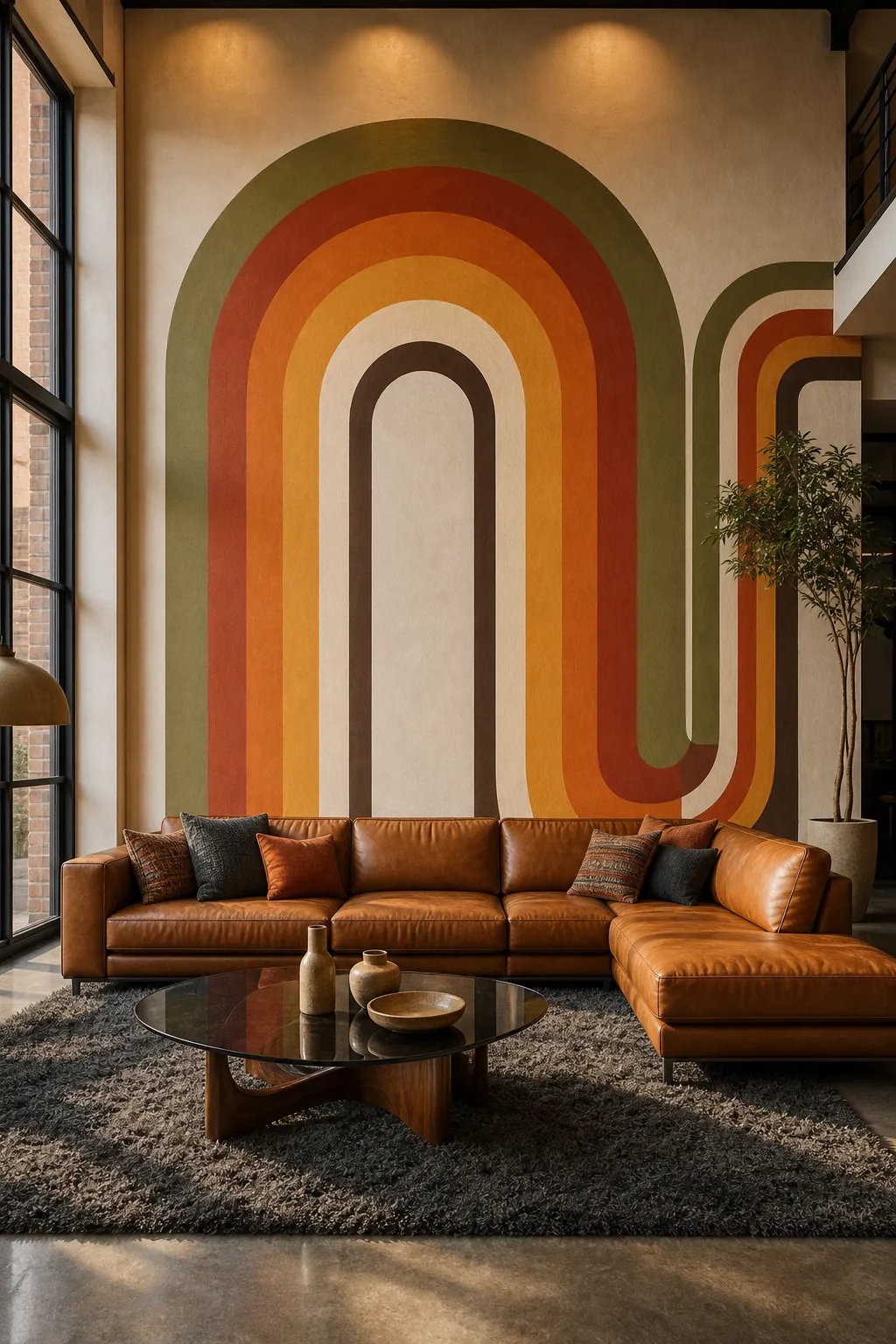 Vintage-inspired living room decorated with layered retro rainbow arches
